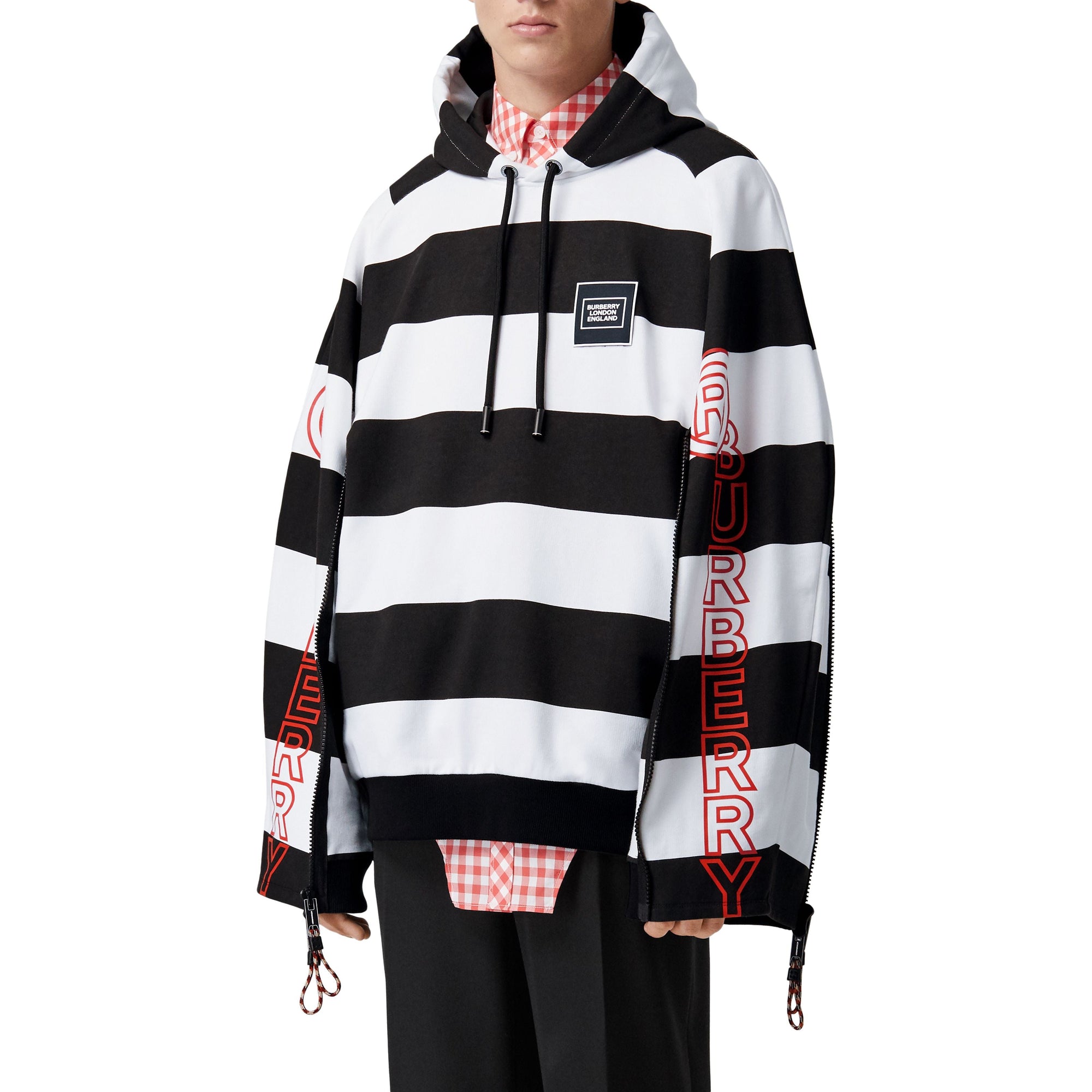 Hoodie rayé en coton avec logo et zips - Noir & blanc