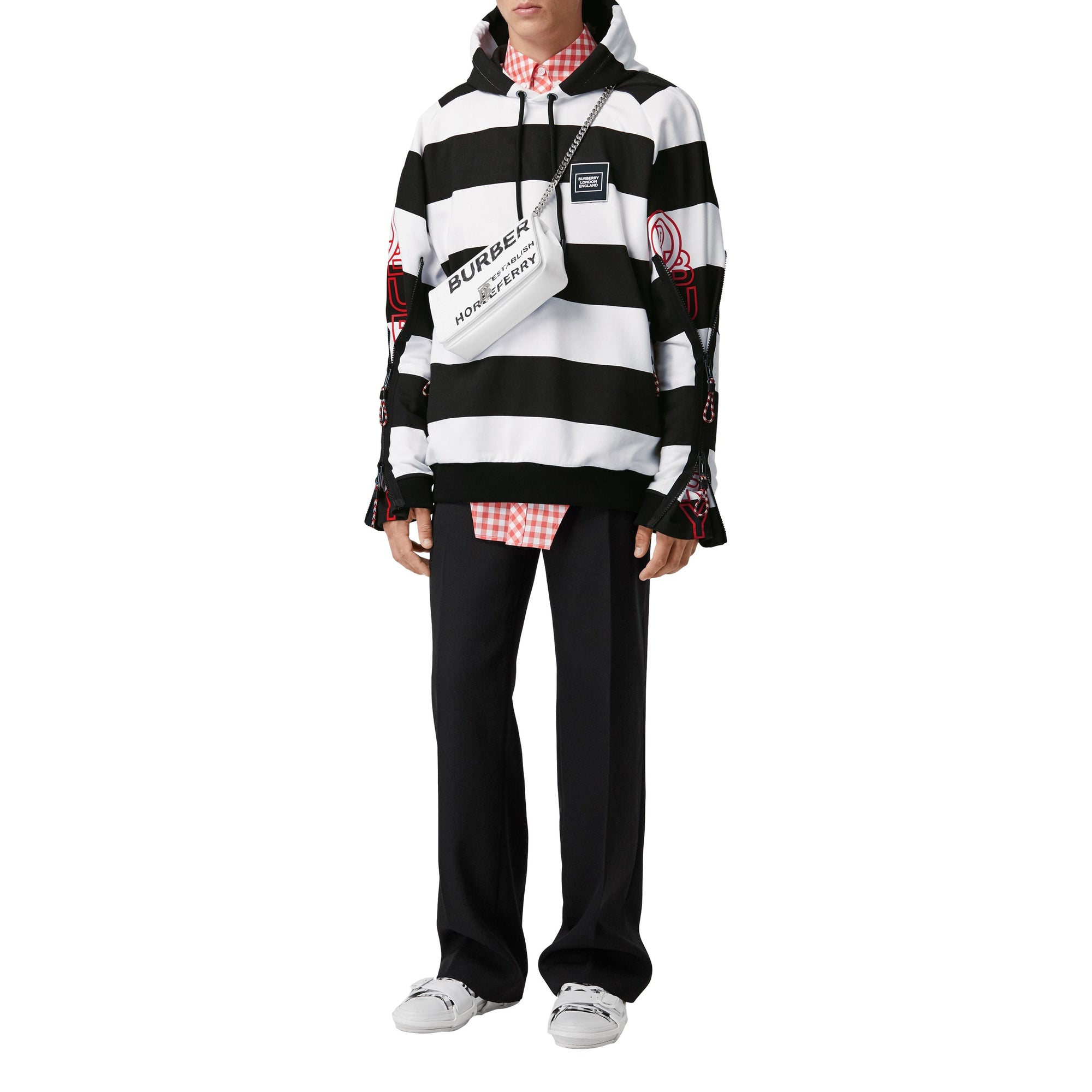 Hoodie rayé en coton avec logo et zips - Noir & blanc