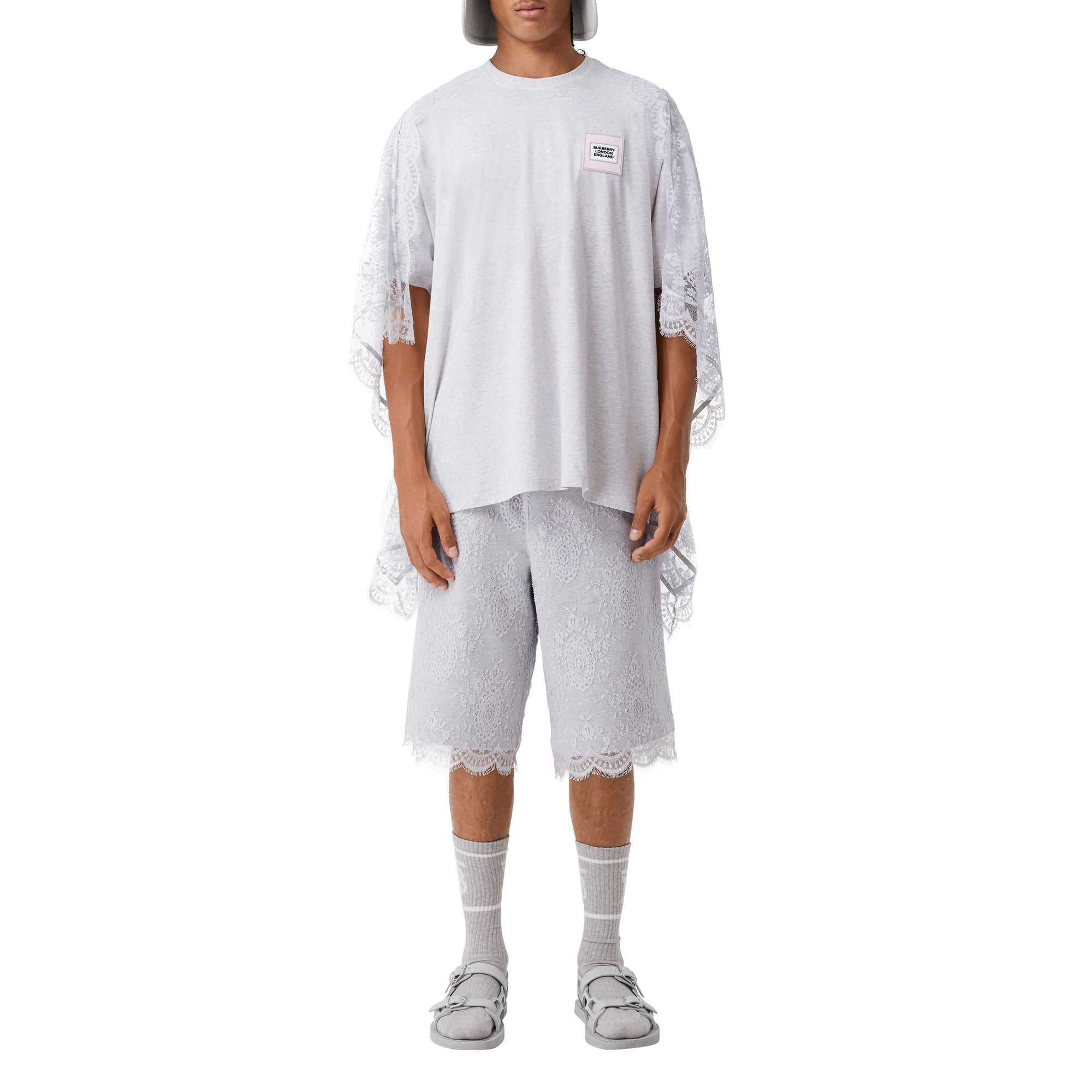 T-shirt oversize en coton avec cape en dentelle de chantilly - Porcelaine