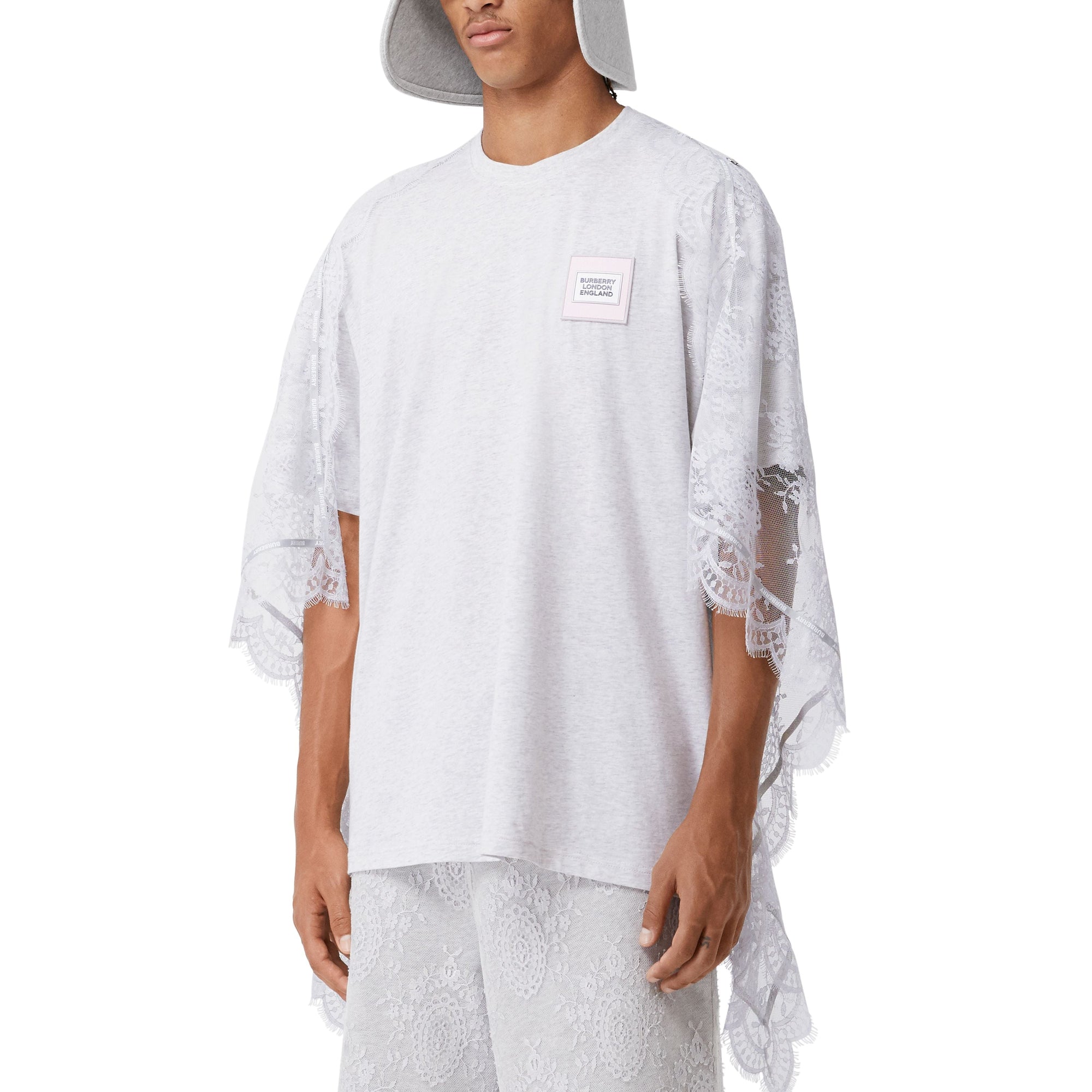 T-shirt oversize en coton avec cape en dentelle de chantilly - Porcelaine