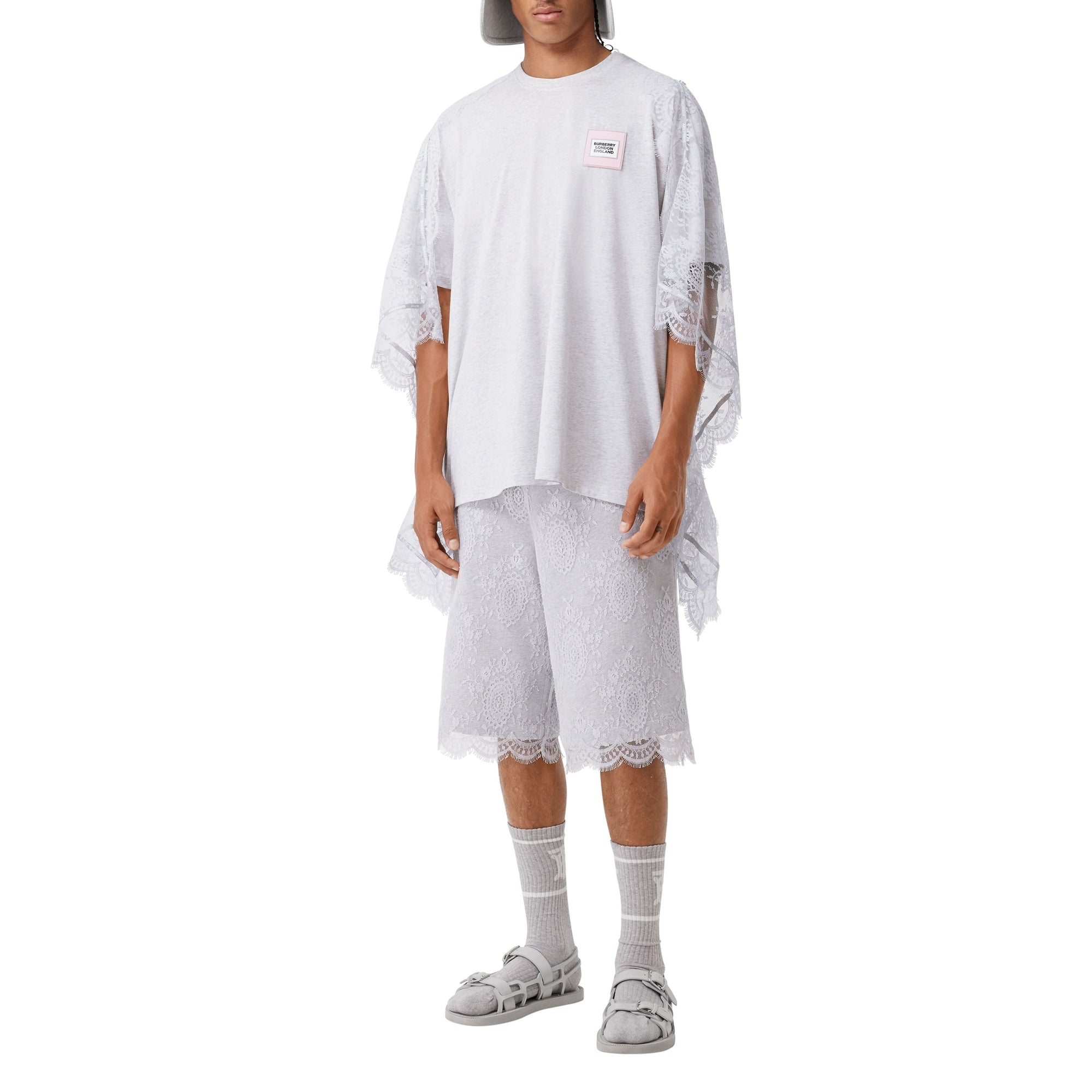 T-shirt oversize en coton avec cape en dentelle de chantilly - Porcelaine