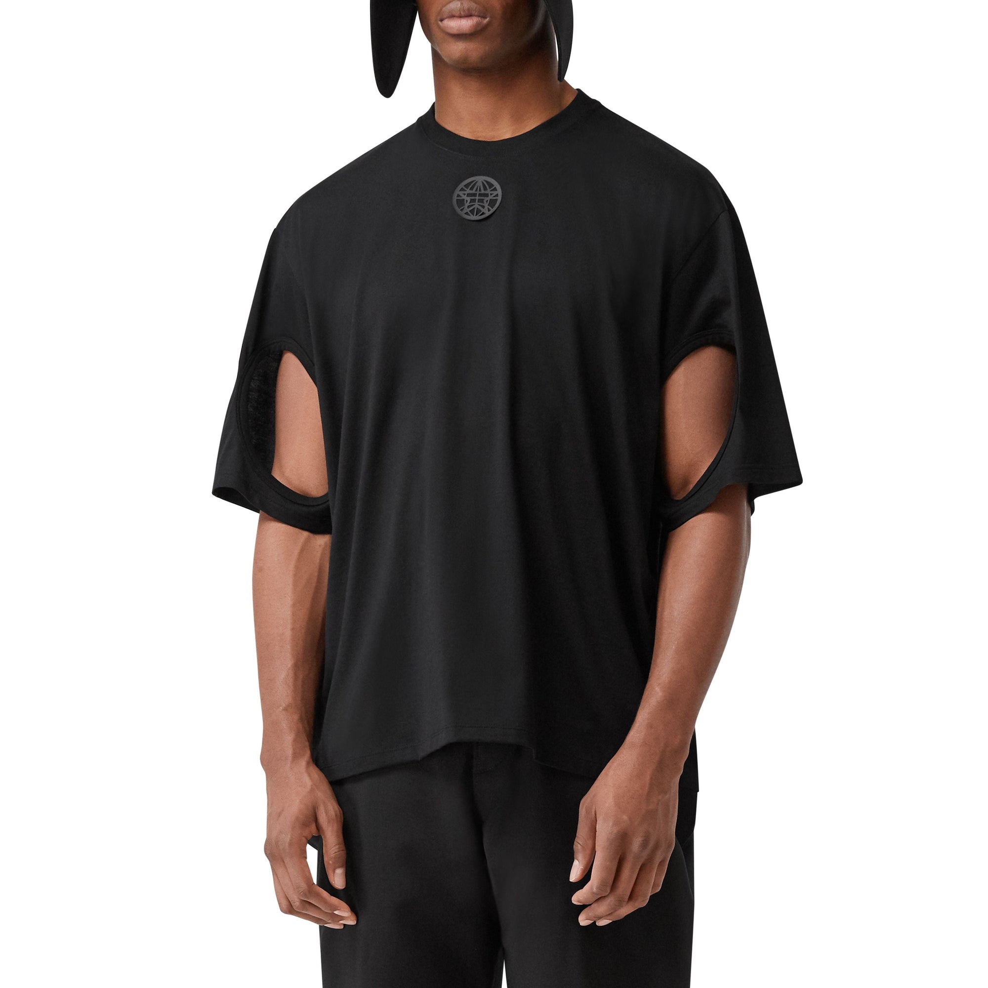 T-shirt oversize en coton à imprimé montage avec manches à découpes - Noir