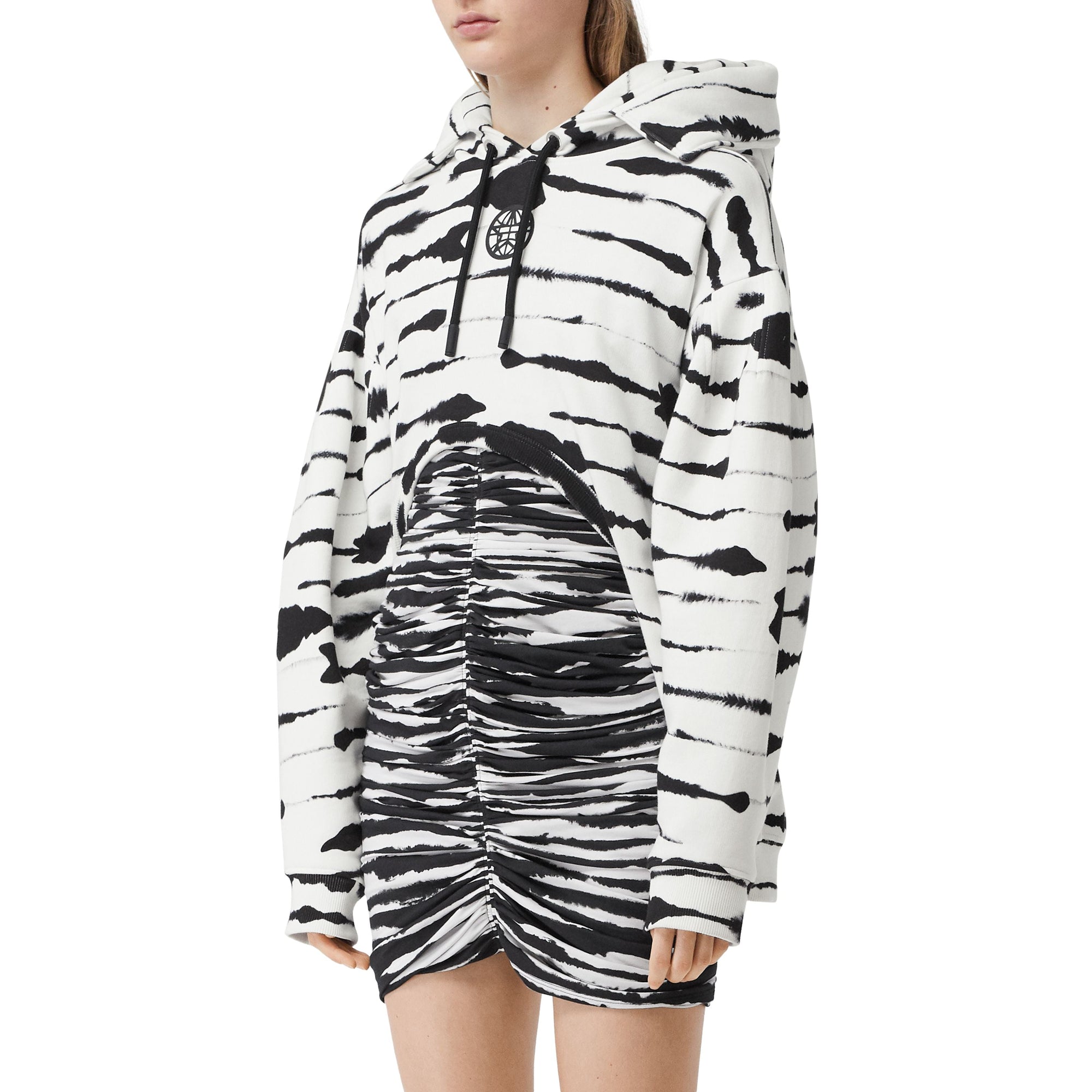Hoodie en coton à imprimé aquarelle avec découpe - Blanc & noir