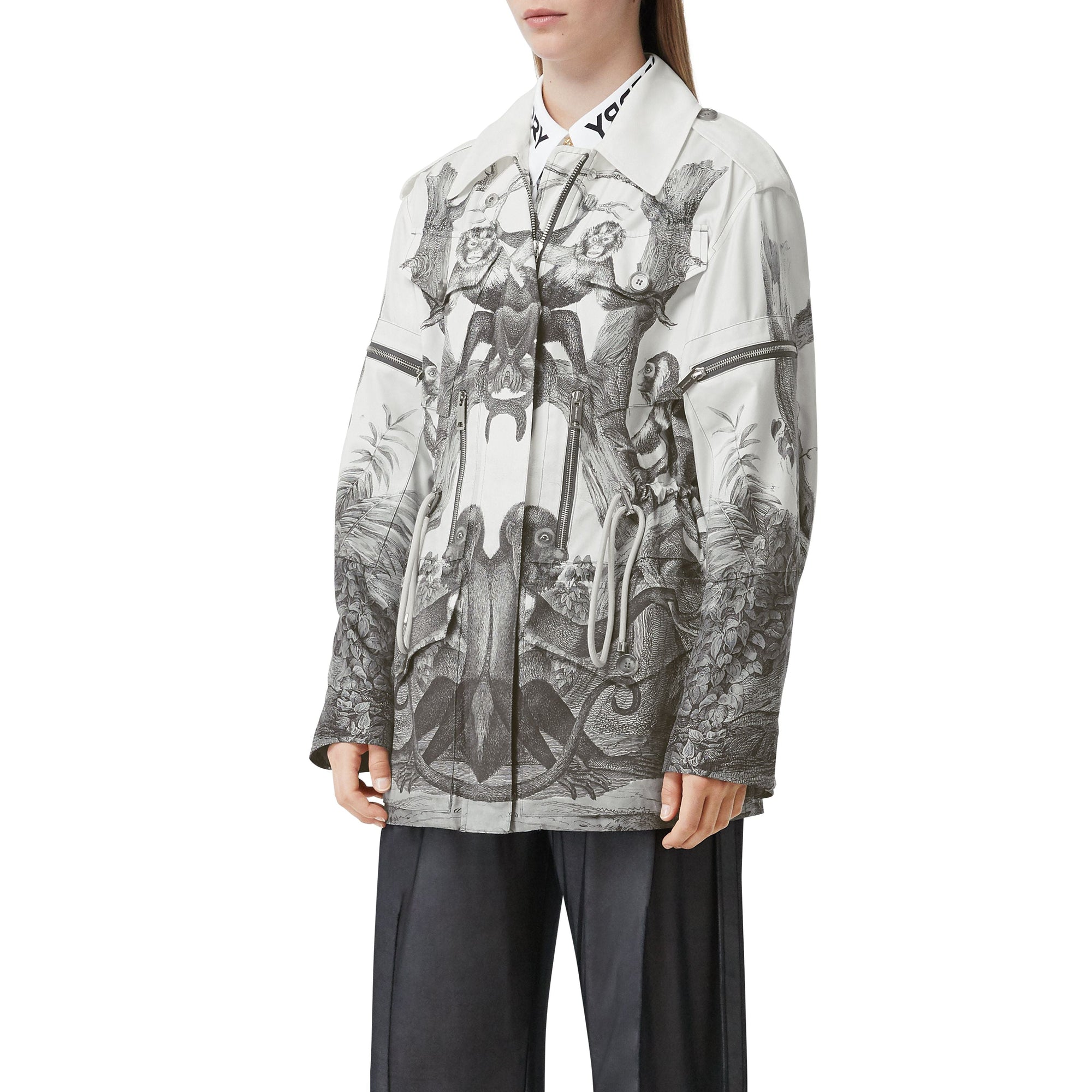 Veste utilitaire en gabardine de soie et coton à imprimé singe - Monochrome