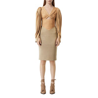 Robe en jersey de laine et soie à panneaux - Camaïeu de noix de pécan