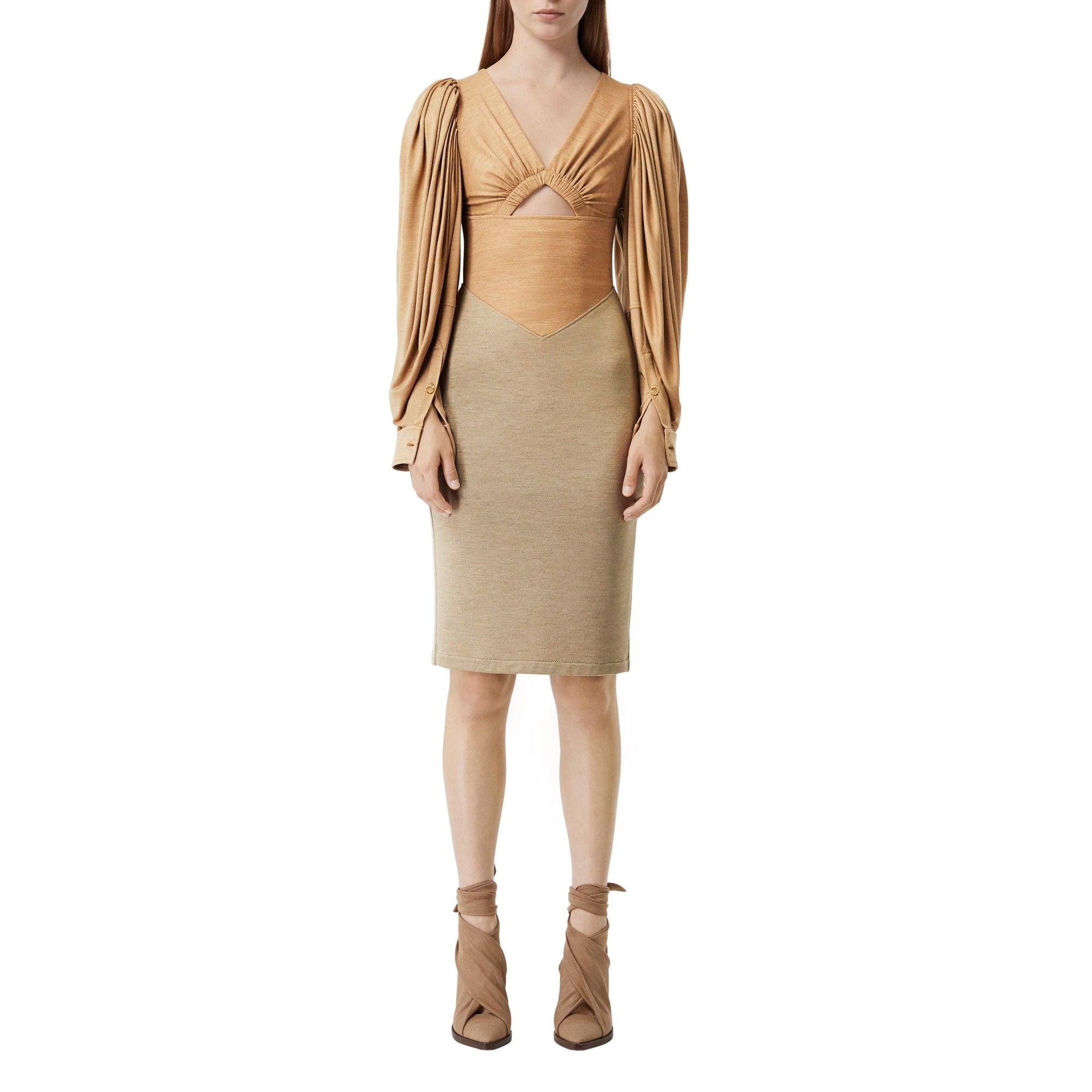 Robe en jersey de laine et soie à panneaux - Camaïeu de noix de pécan