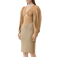 Robe en jersey de laine et soie à panneaux - Camaïeu de noix de pécan