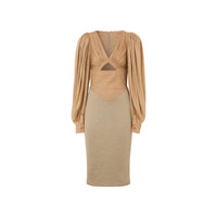 Robe en jersey de laine et soie à panneaux - Camaïeu de noix de pécan
