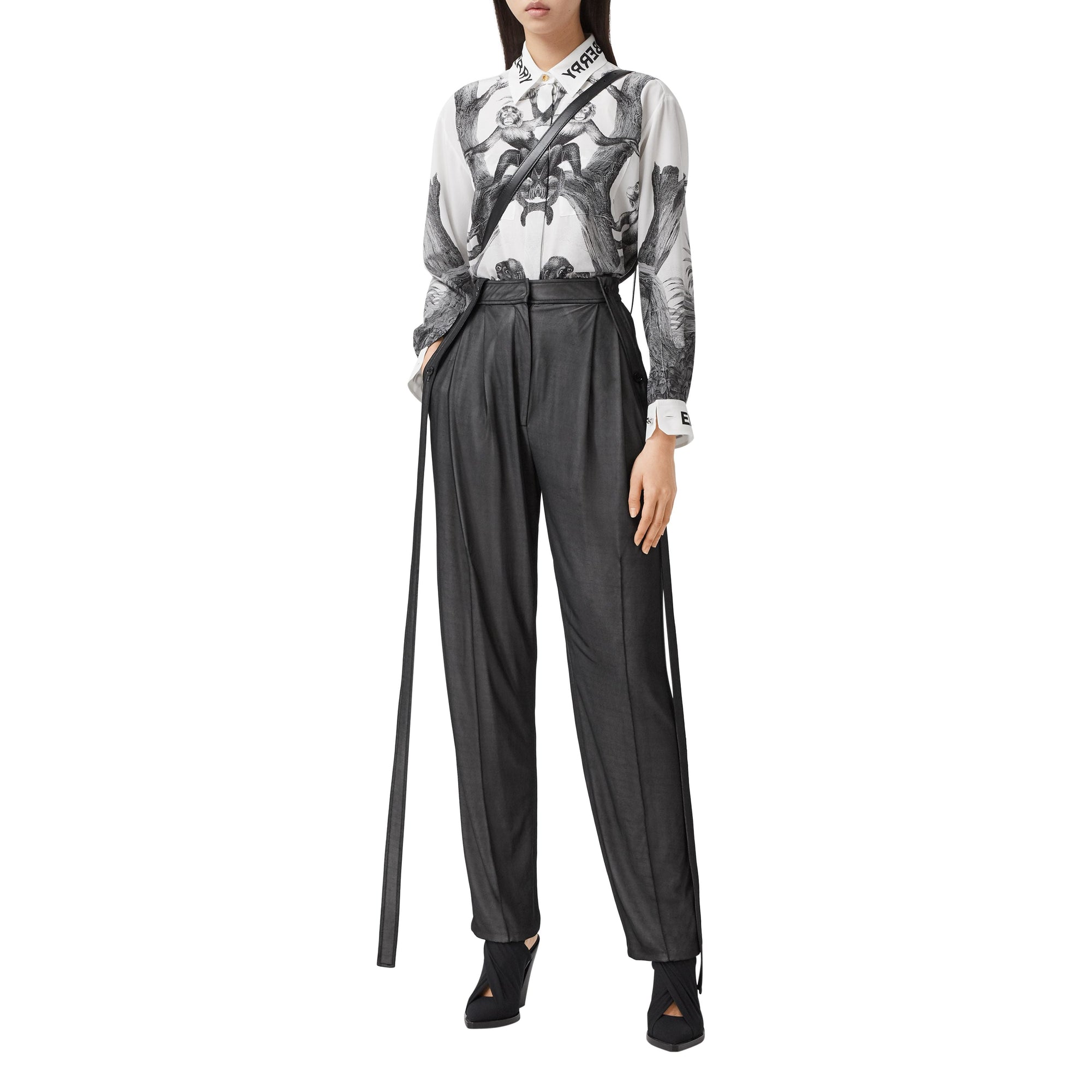 Pantalon tailleur en jersey et mousseline avec sangles - Noir