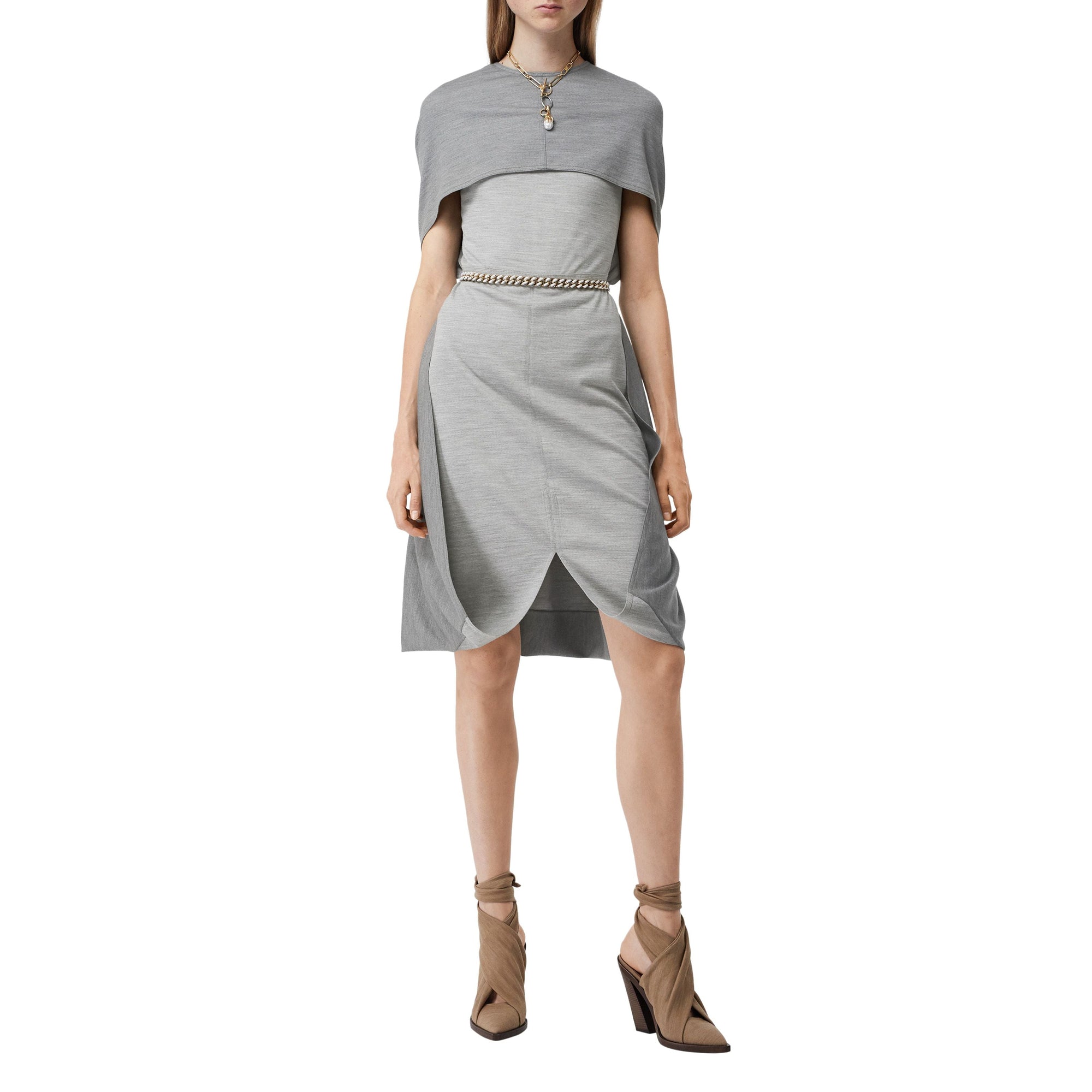 CLOUD GREY Robe droite en jersey de laine technique avec cape