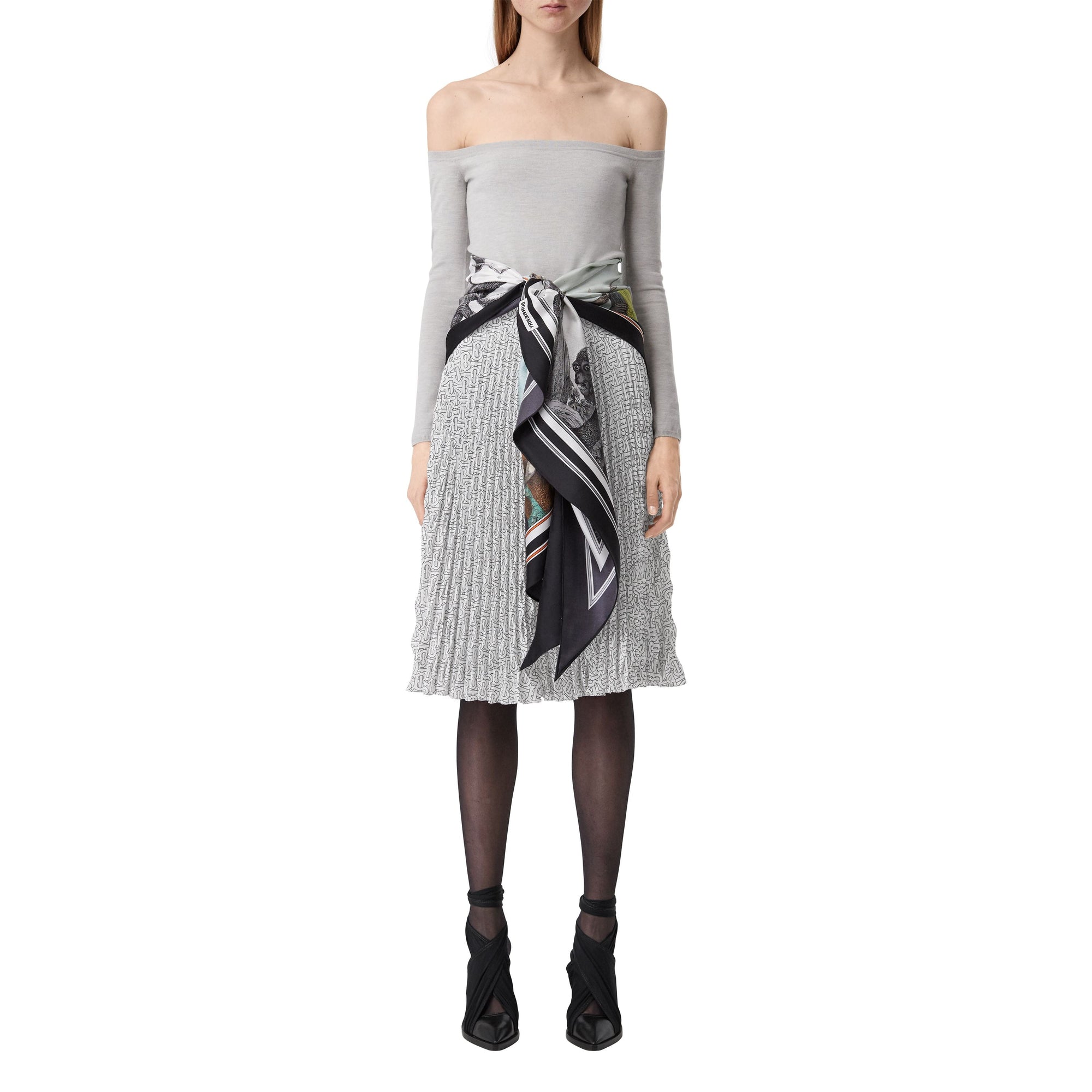 Jupe plissée en crêpe de chine monogram - Blanc & noir
