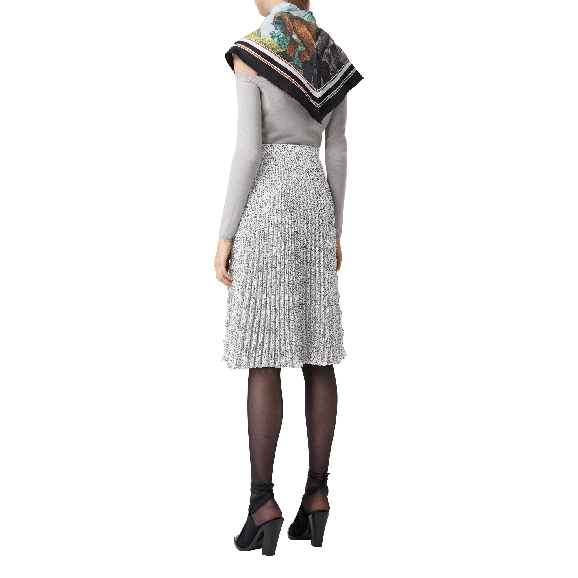 Jupe plissée en crêpe de chine monogram - Blanc & noir