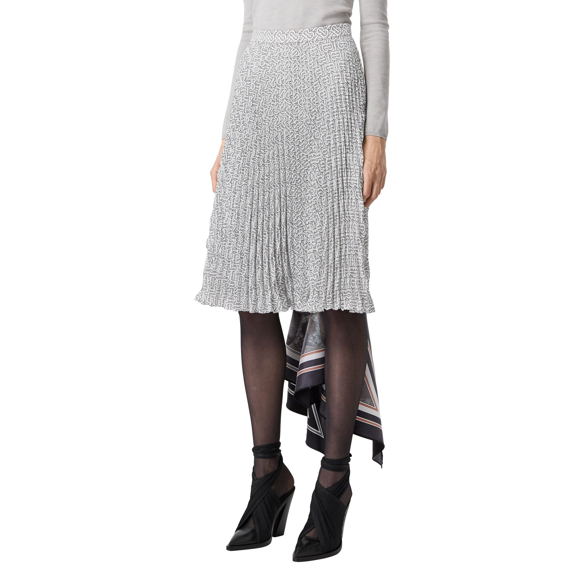 Jupe plissée en crêpe de chine monogram - Blanc & noir