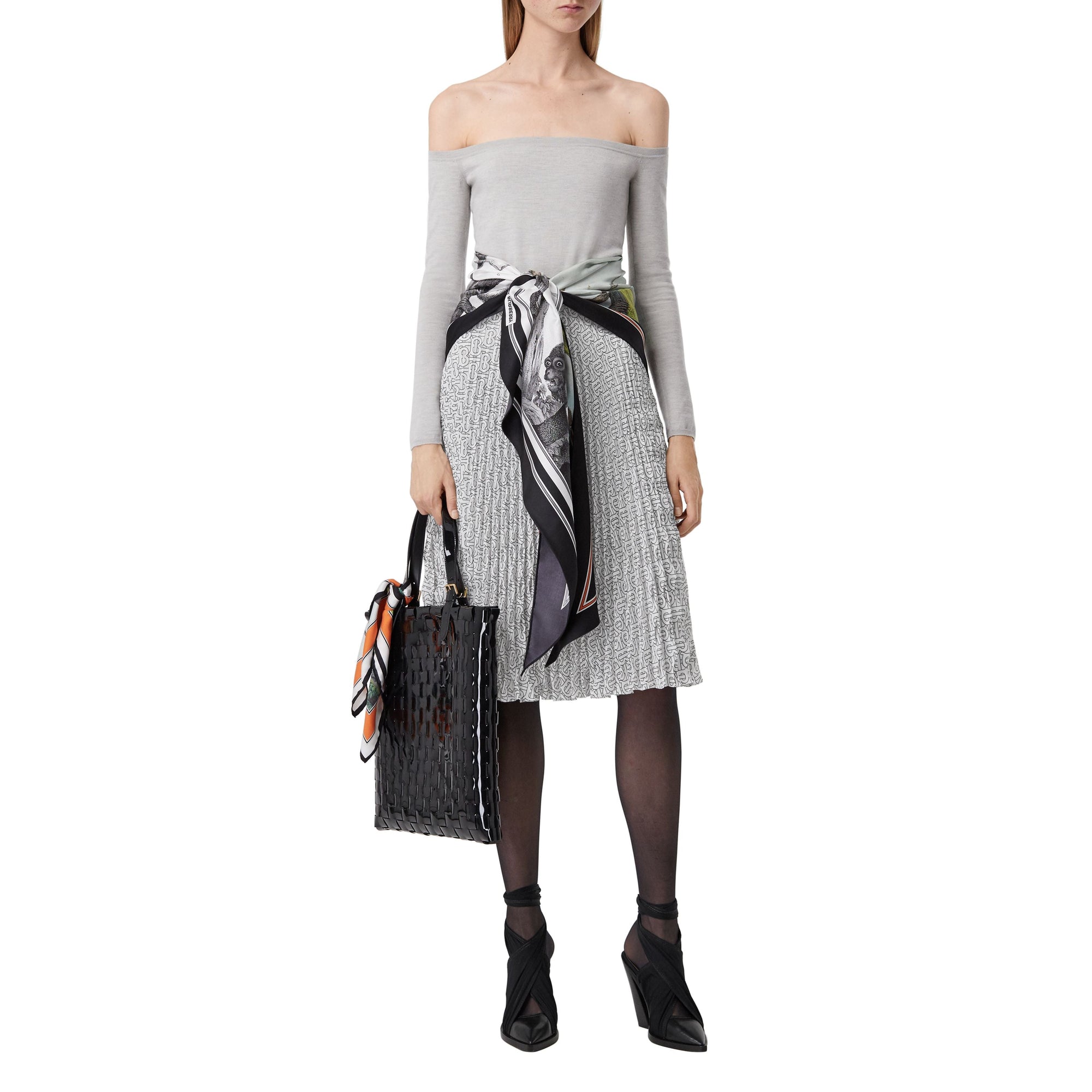 Jupe plissée en crêpe de chine monogram - Blanc & noir