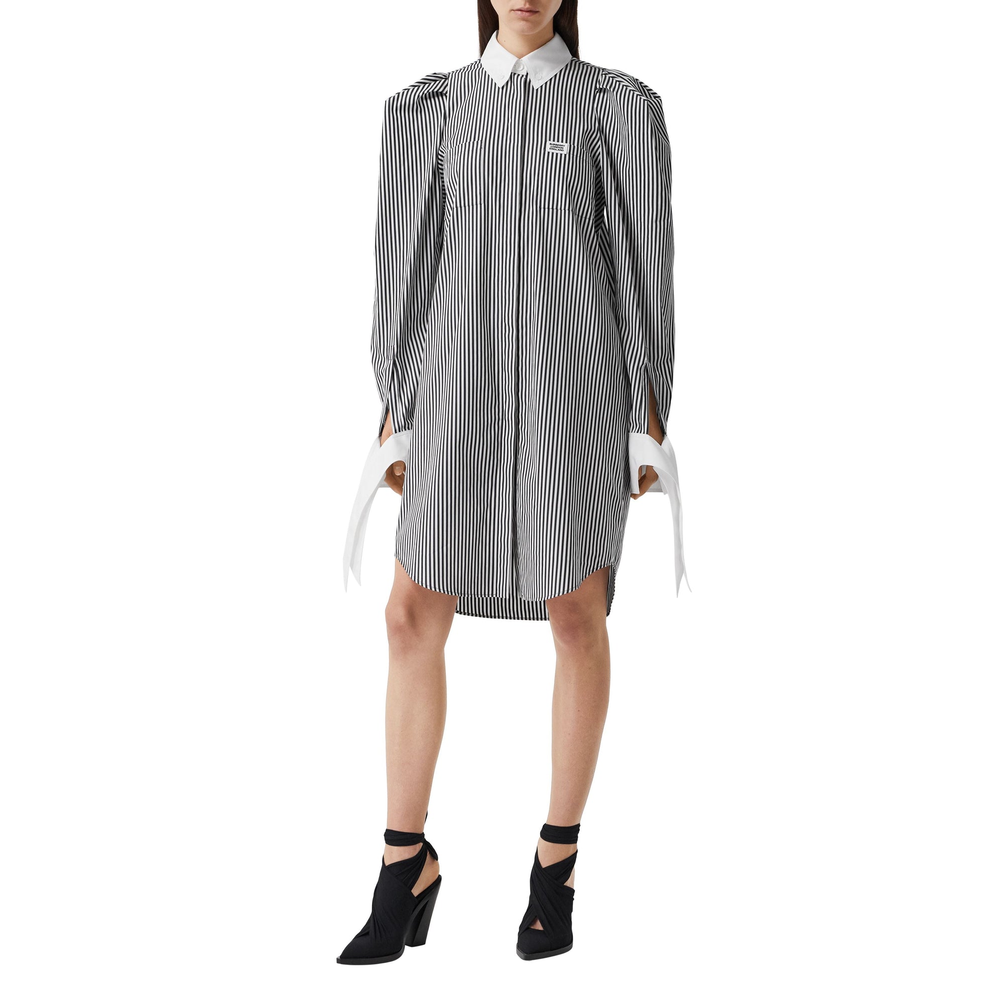 Robe chemise en popeline de coton rayée avec logo appliqué - Noir