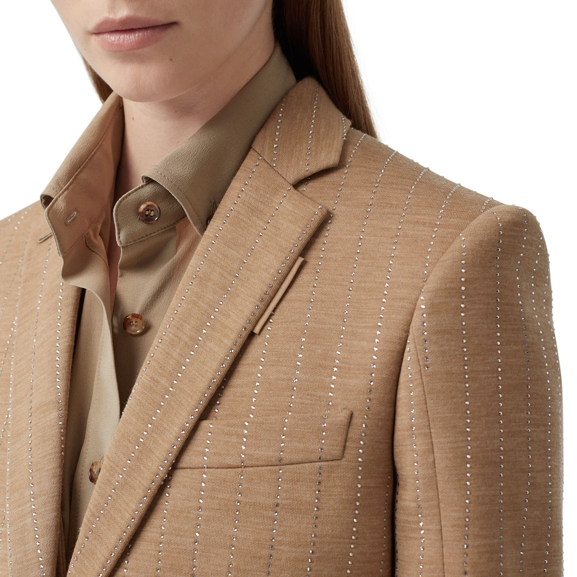 Blazer en jersey de laine technique à fines rayures en cristaux - Camaïeu de noix de pécan