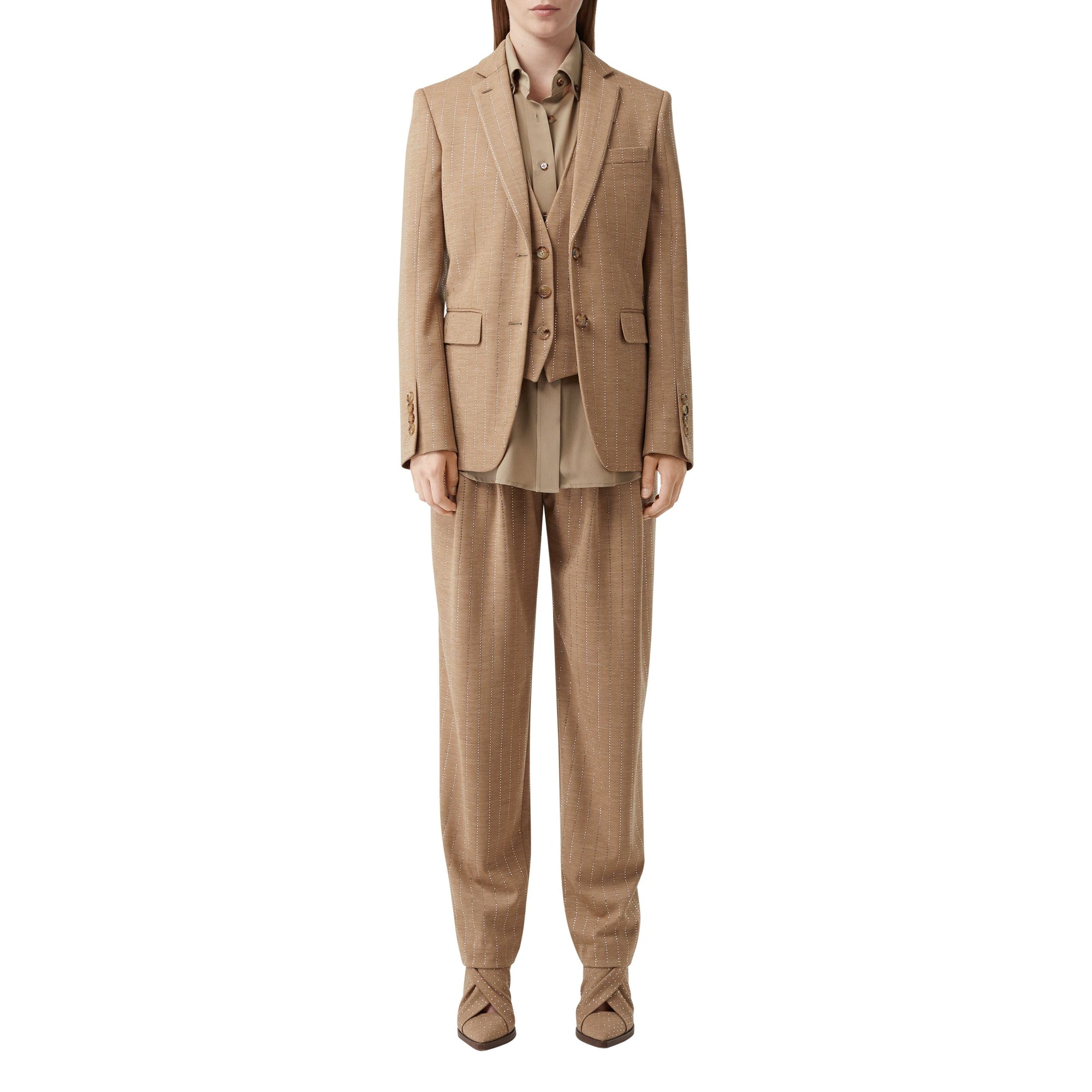 Blazer en jersey de laine technique à fines rayures en cristaux - Camaïeu de noix de pécan