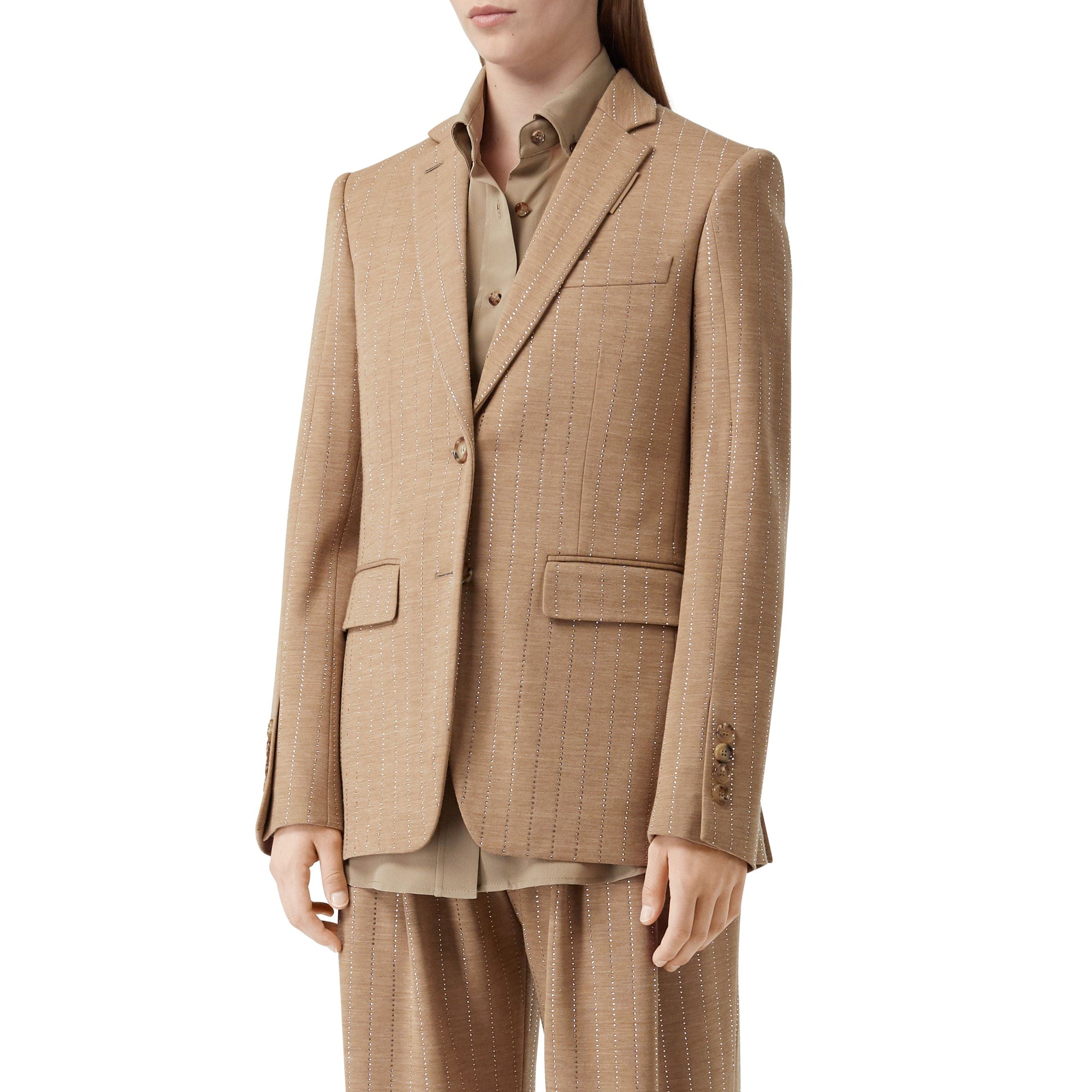 Blazer en jersey de laine technique à fines rayures en cristaux - Camaïeu de noix de pécan