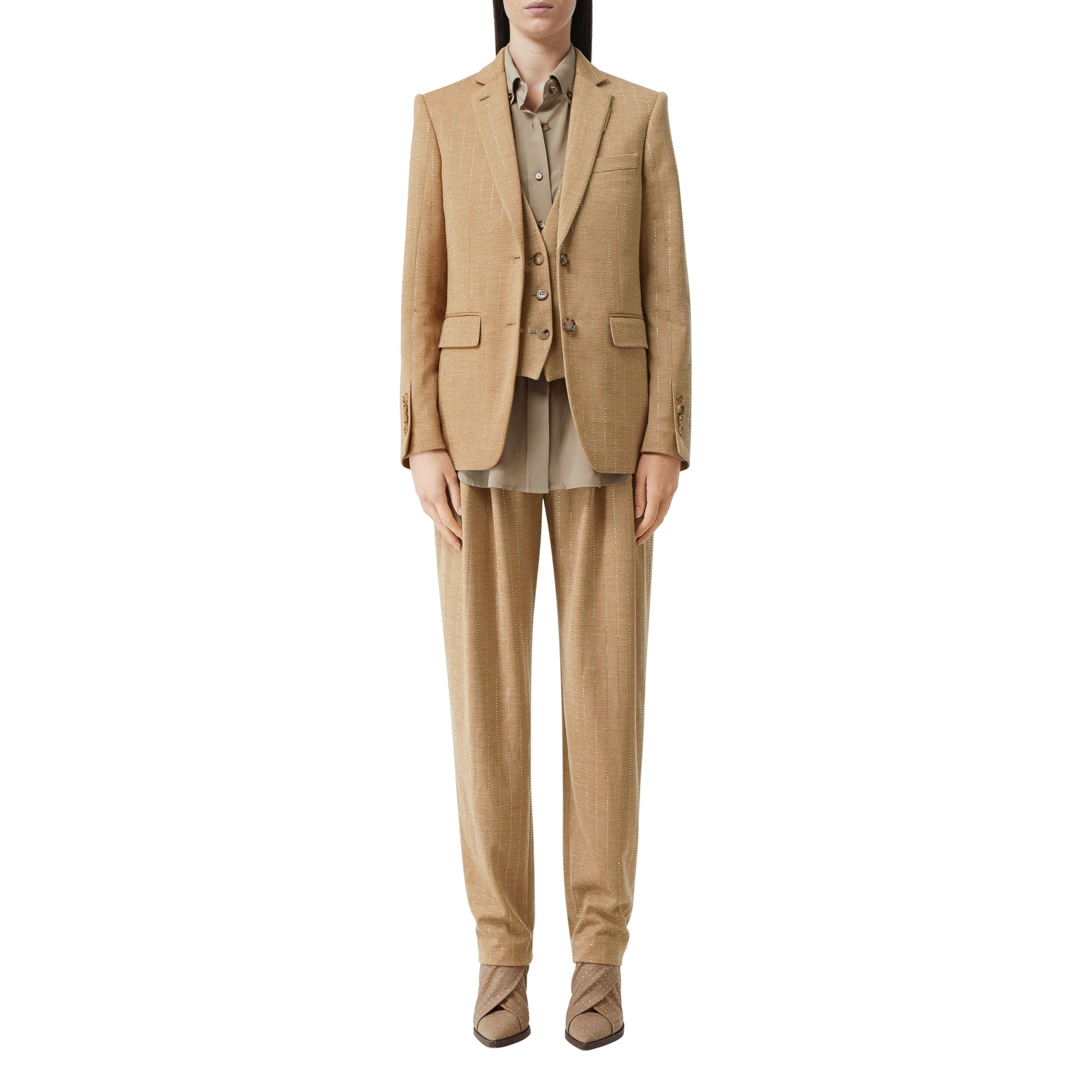 Pantalon tailleur en laine technique à fines rayures en cristaux - Camaïeu de Noix de Pécan