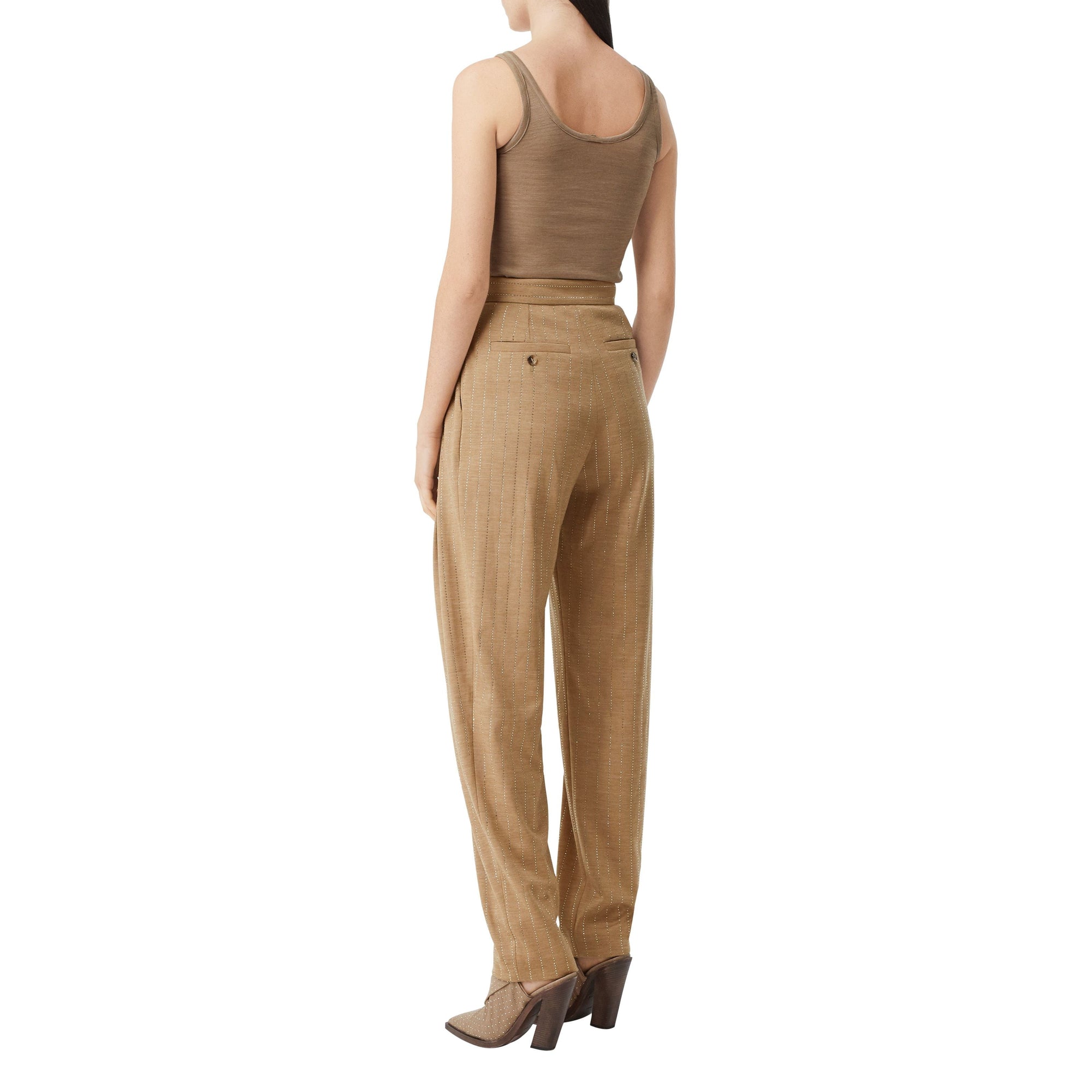 Pantalon tailleur en laine technique à fines rayures en cristaux - Camaïeu de noix de pécan