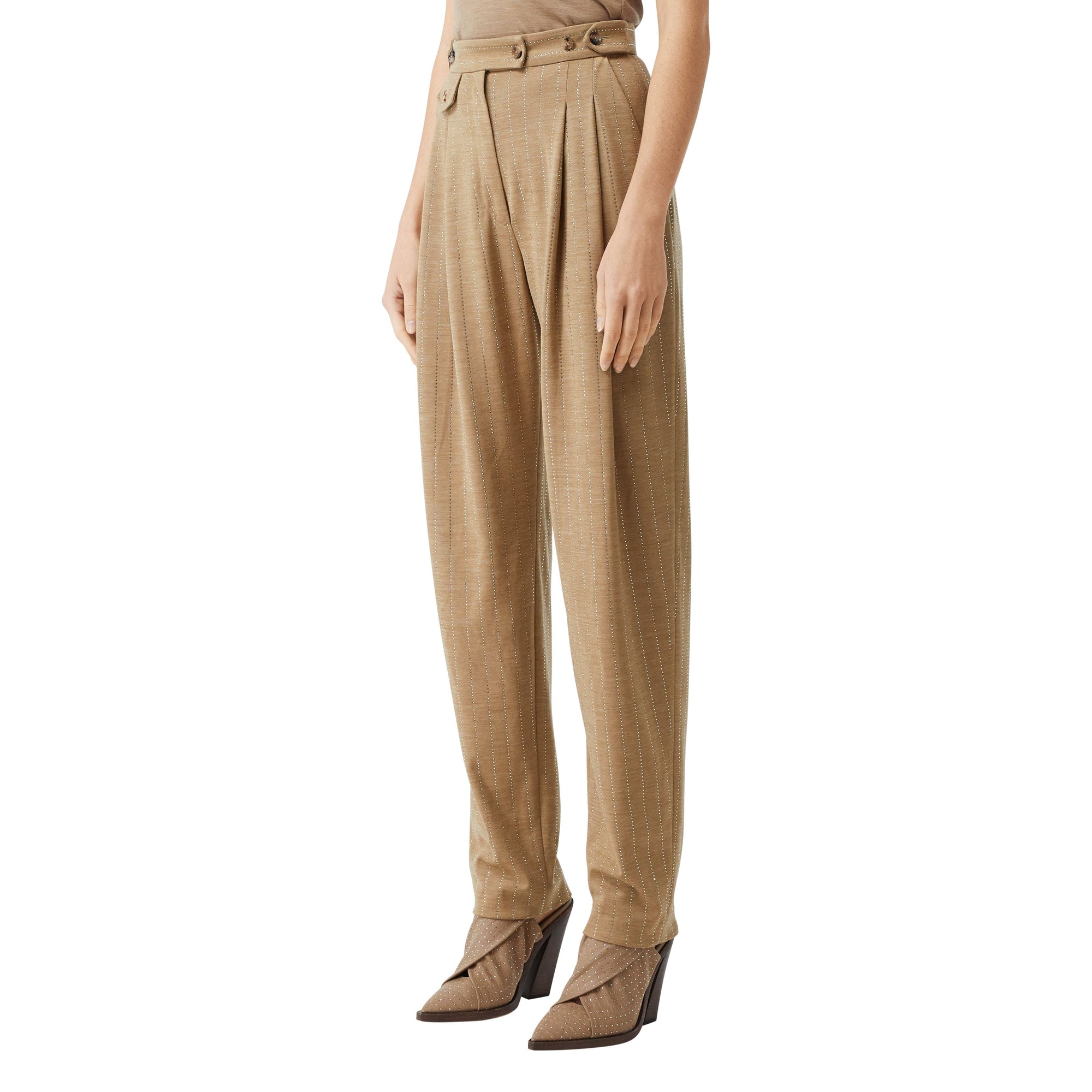 Pantalon tailleur en laine technique à fines rayures en cristaux - Camaïeu de noix de pécan
