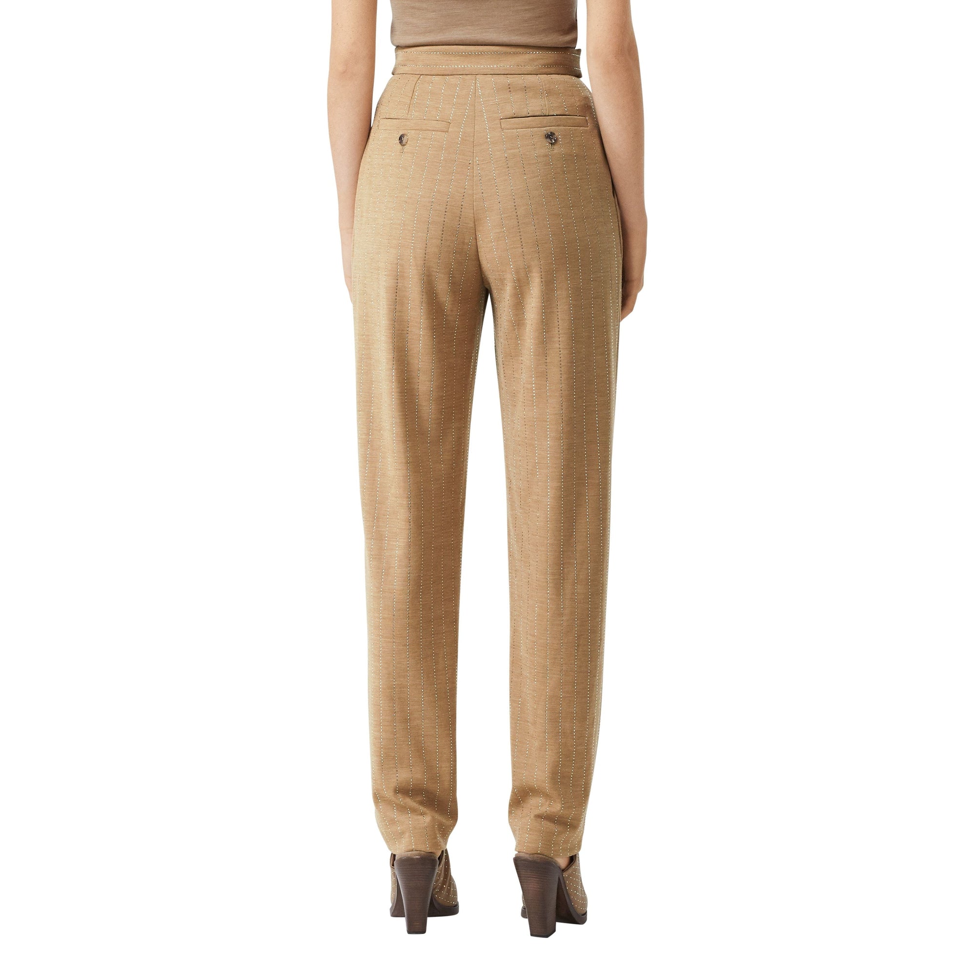 Pantalon tailleur en laine technique à fines rayures en cristaux - Camaïeu de noix de pécan