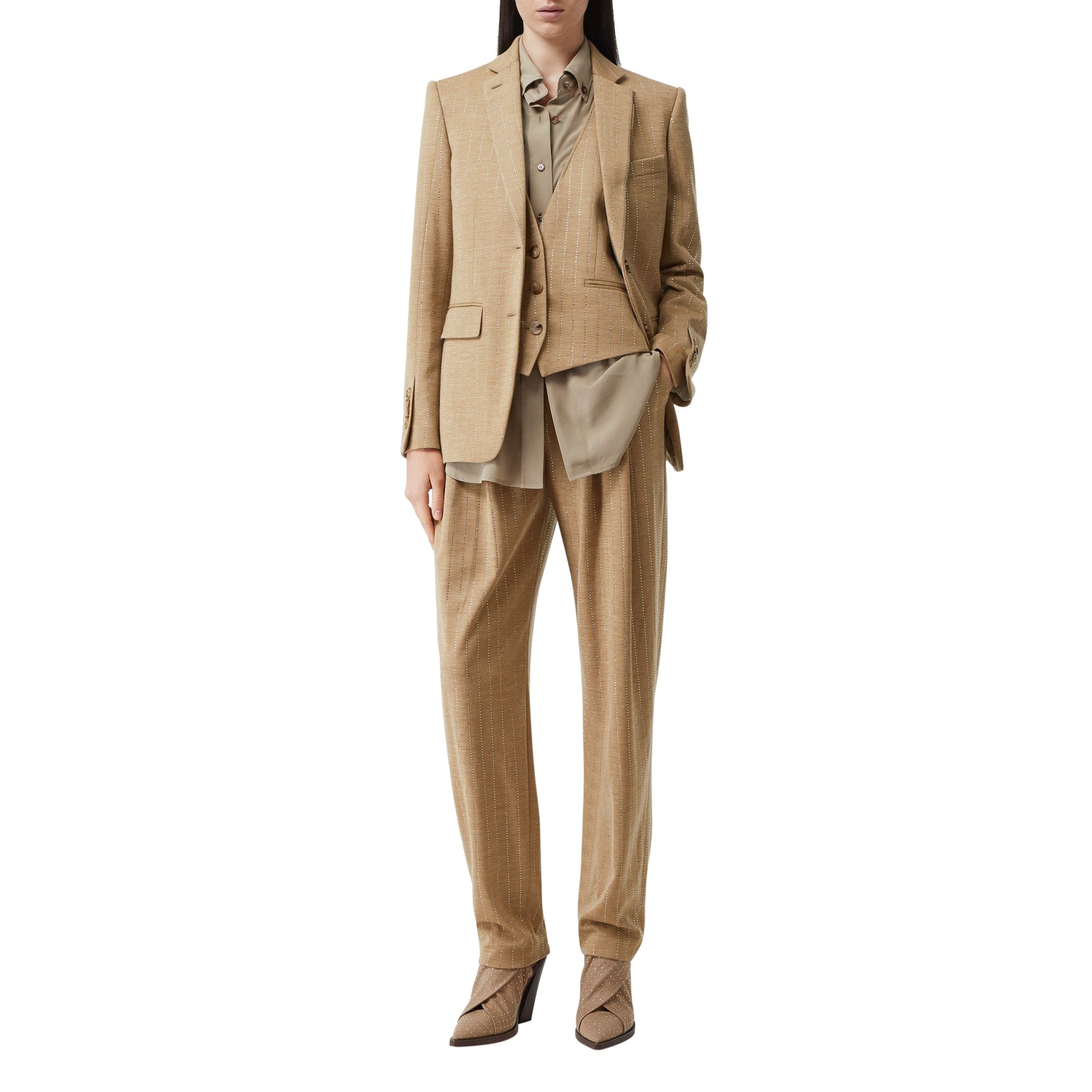 Pantalon tailleur en laine technique à fines rayures en cristaux - Camaïeu de Noix de Pécan