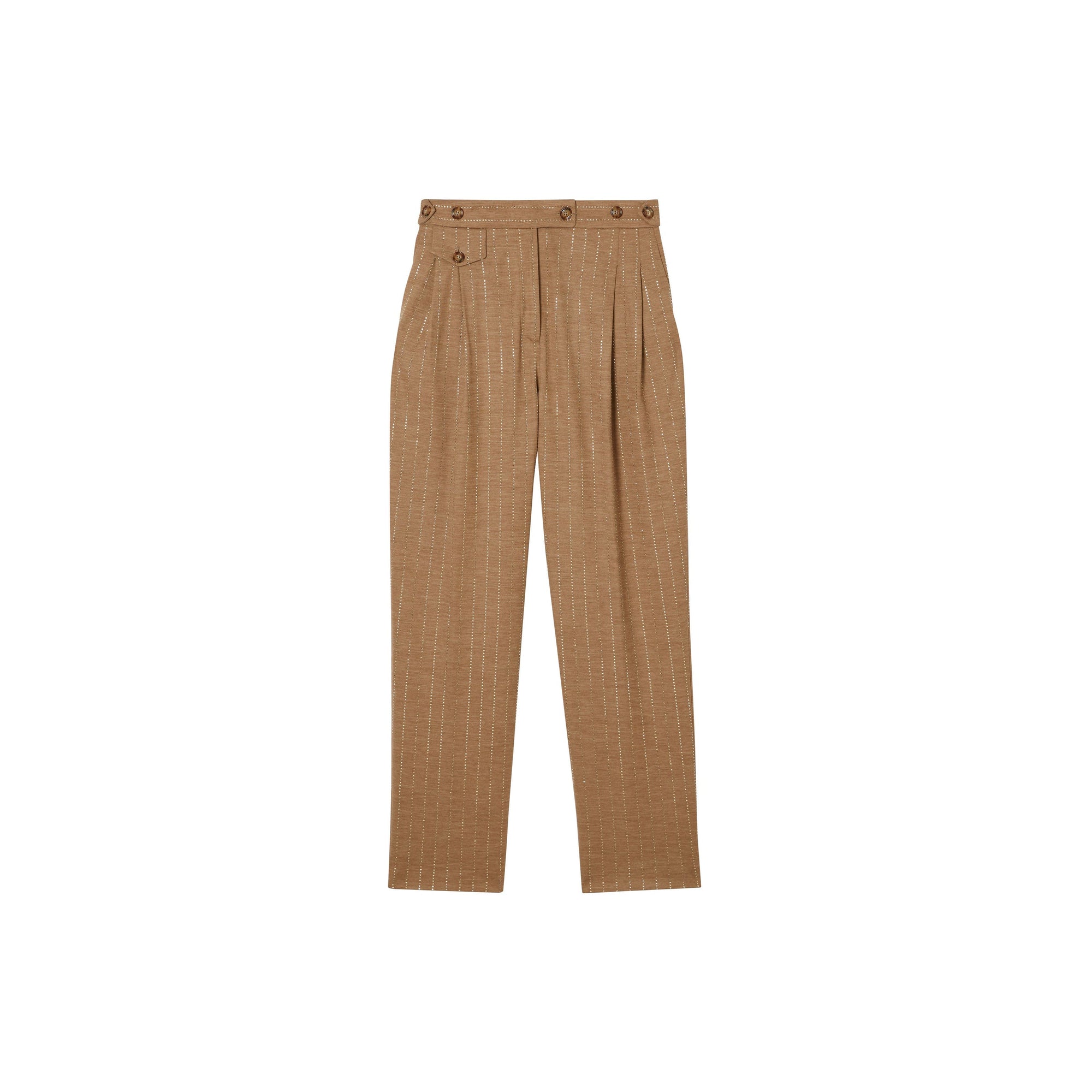 Pantalon tailleur en laine technique à fines rayures en cristaux - Camaïeu de noix de pécan