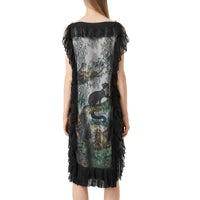 Robe droite en soie à imprimé singe avec dentelle de chantilly - Vert opale pâle