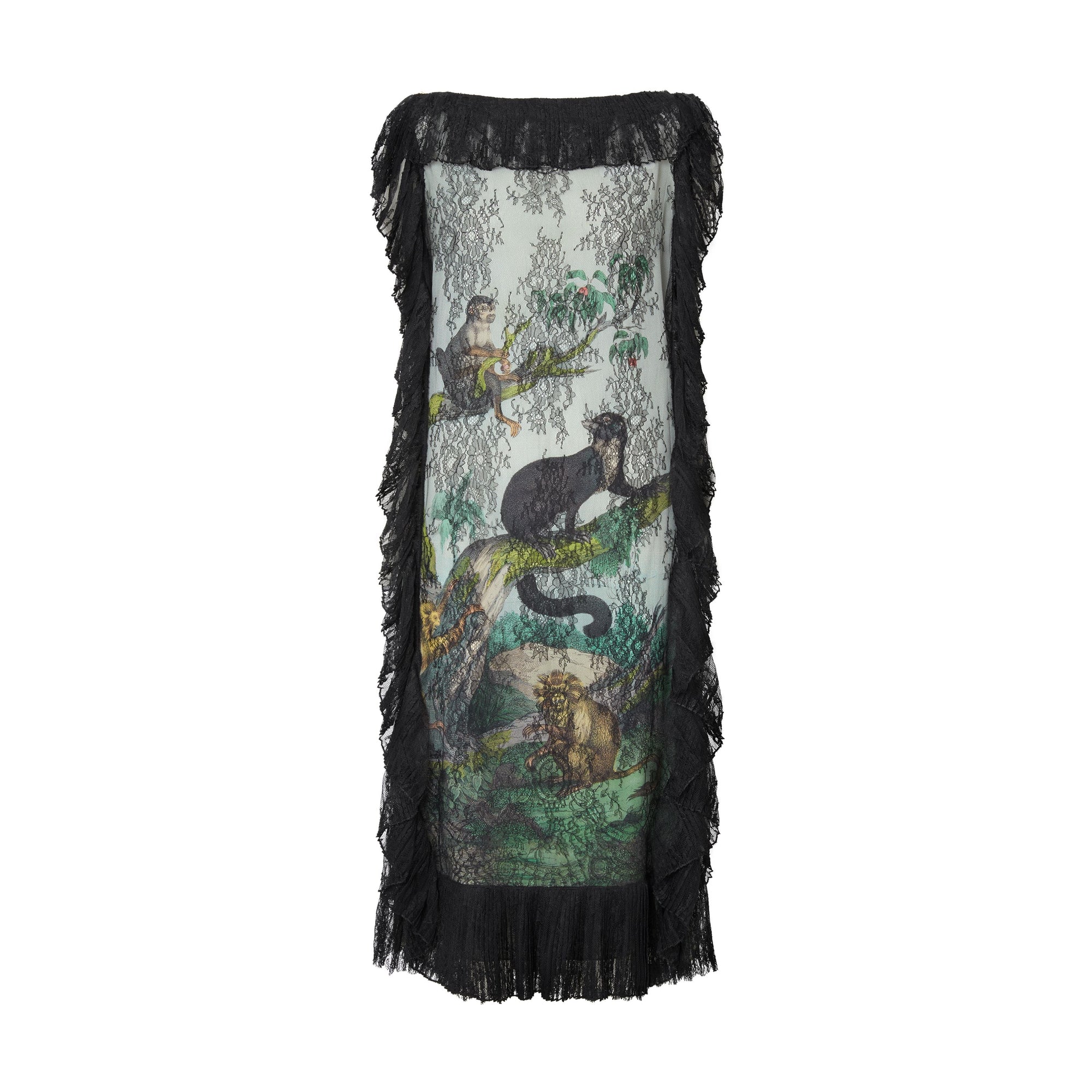 Robe droite en soie à imprimé singe avec dentelle de chantilly - Vert opale pâle