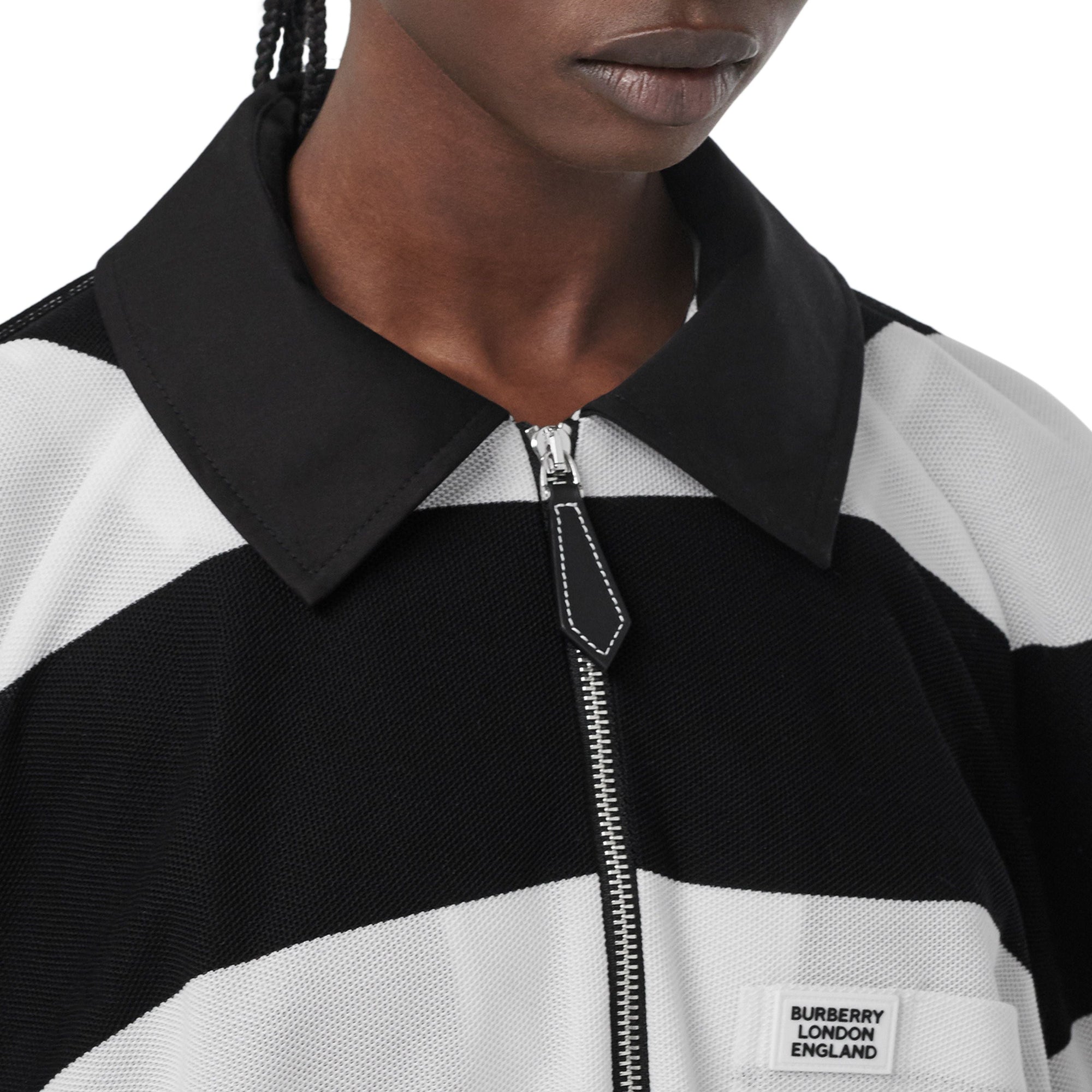 Polo de rugby oversize en piqué de coton rayé avec zip - Noir & blanc