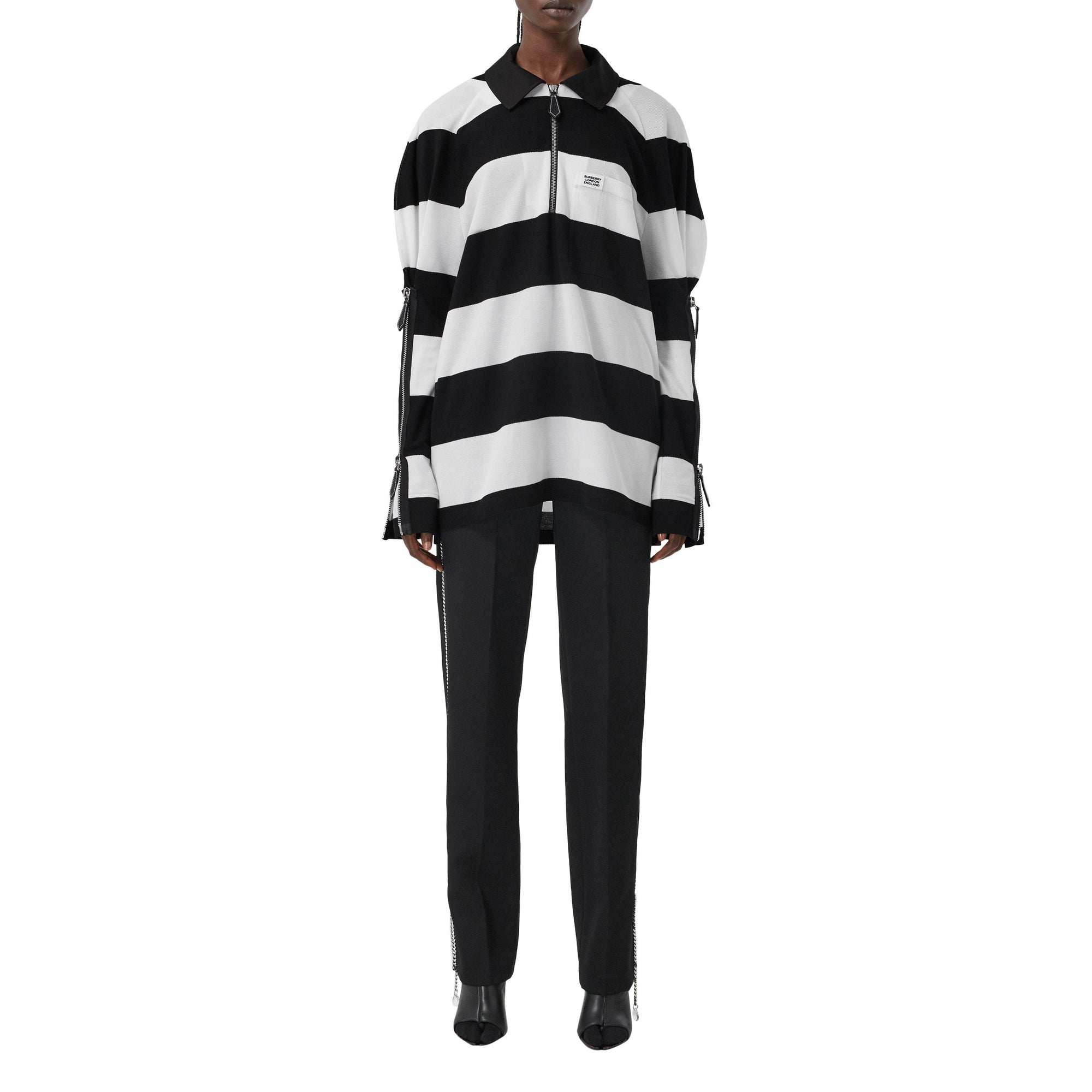 Polo de rugby oversize en piqué de coton rayé avec zip - Noir & blanc