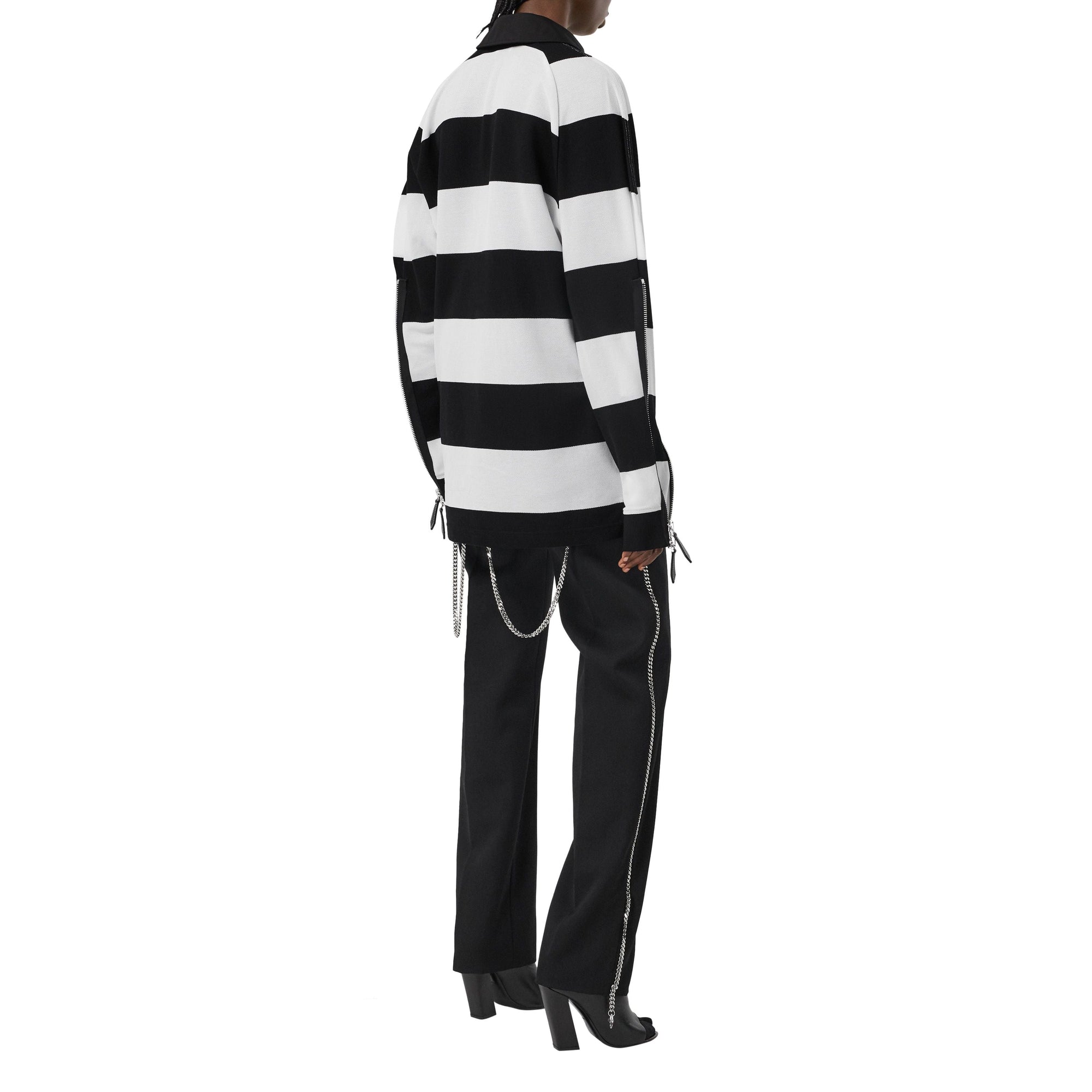 Polo de rugby oversize en piqué de coton rayé avec zip - Noir & blanc
