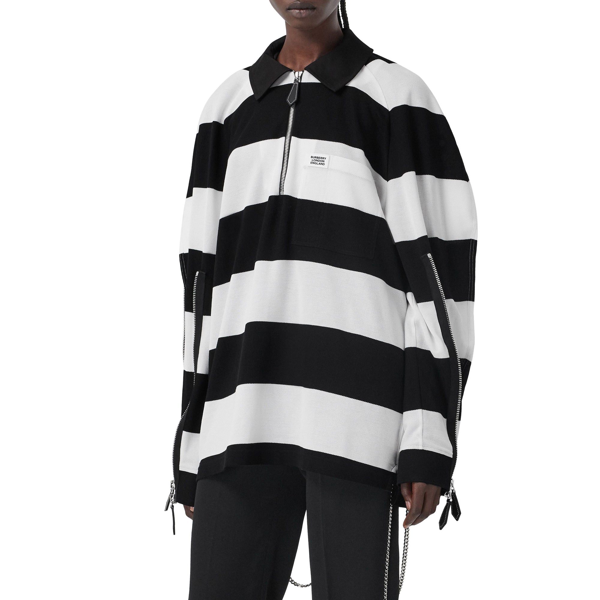 Polo de rugby oversize en piqué de coton rayé avec zip - Noir & blanc