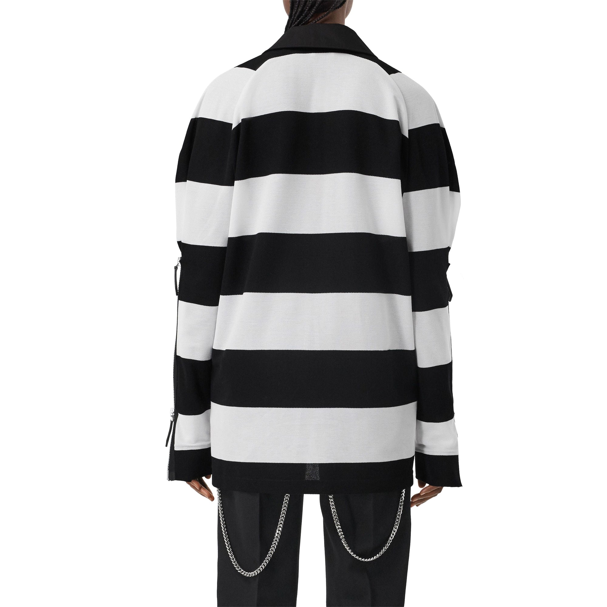 Polo de rugby oversize en piqué de coton rayé avec zip - Noir & blanc