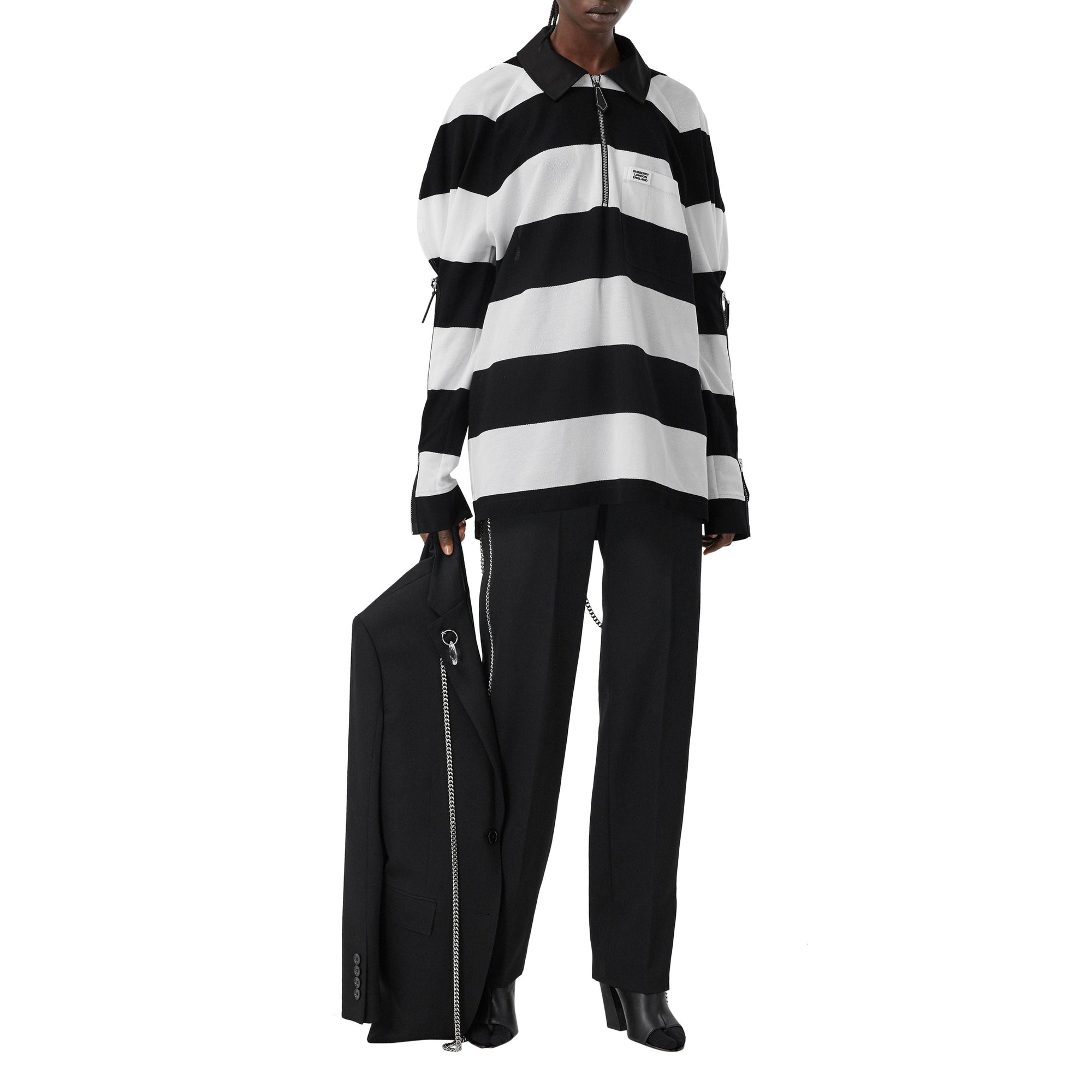 Polo de rugby oversize en piqué de coton rayé avec zip - Noir & blanc