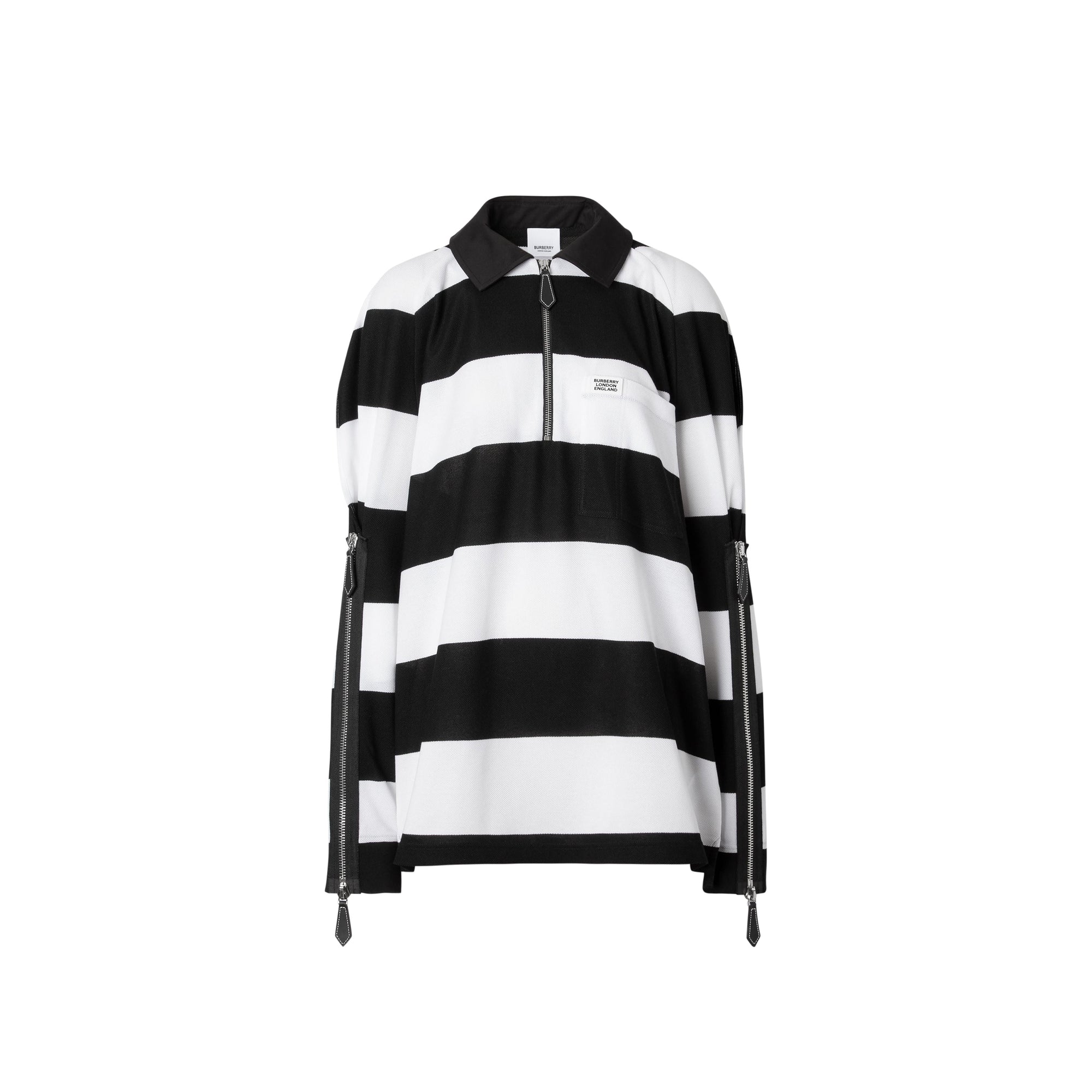 Polo de rugby oversize en piqué de coton rayé avec zip - Noir & blanc