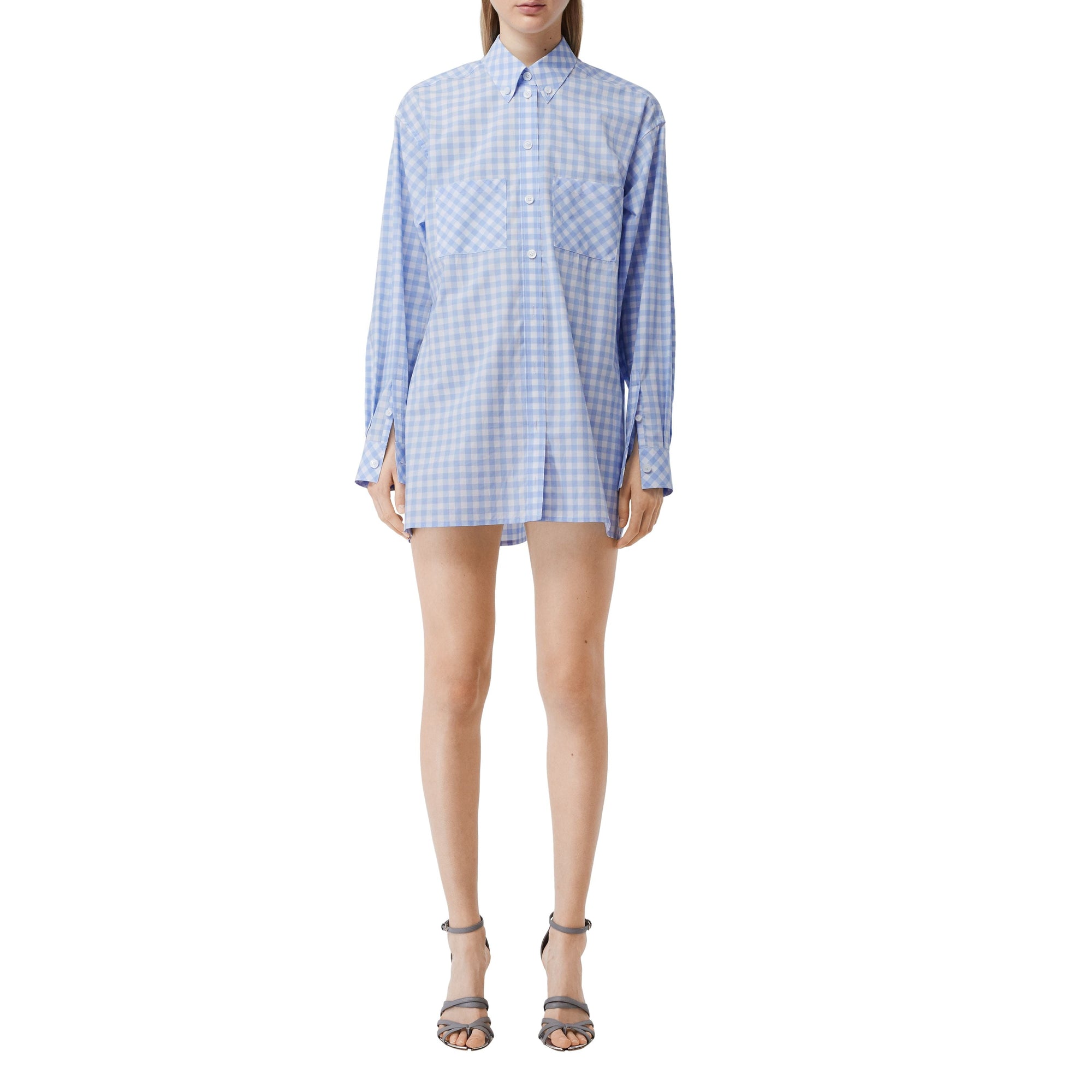 PALE BLUE PATTERN Robe chemise en popeline de coton vichy