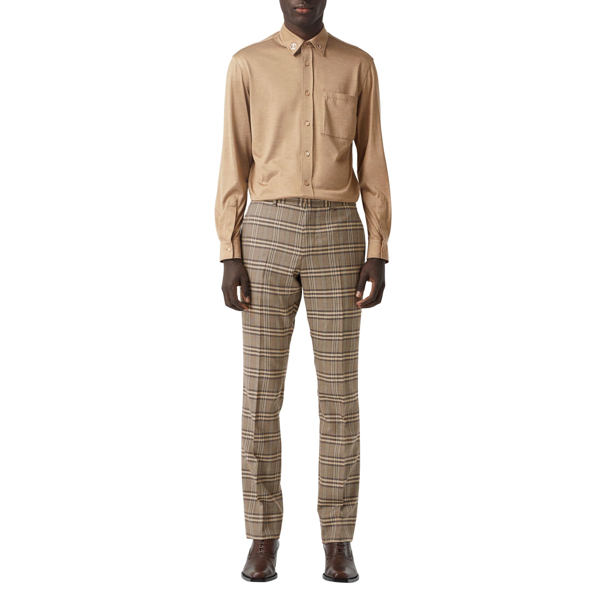 DUSTY CARAMEL CHECK Pantalon de costume en laine et soie check Prince de Galles