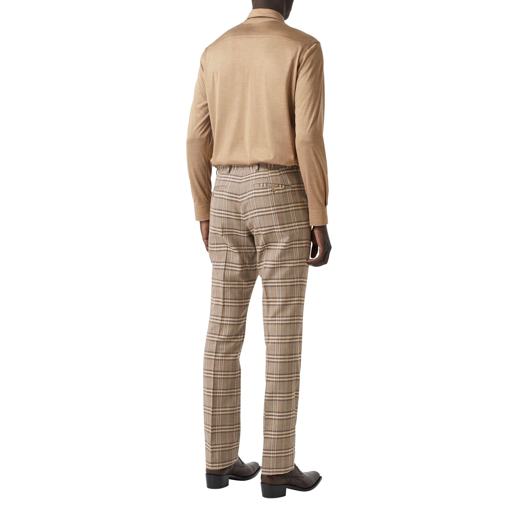DUSTY CARAMEL CHECK Pantalon de costume en laine et soie check Prince de Galles