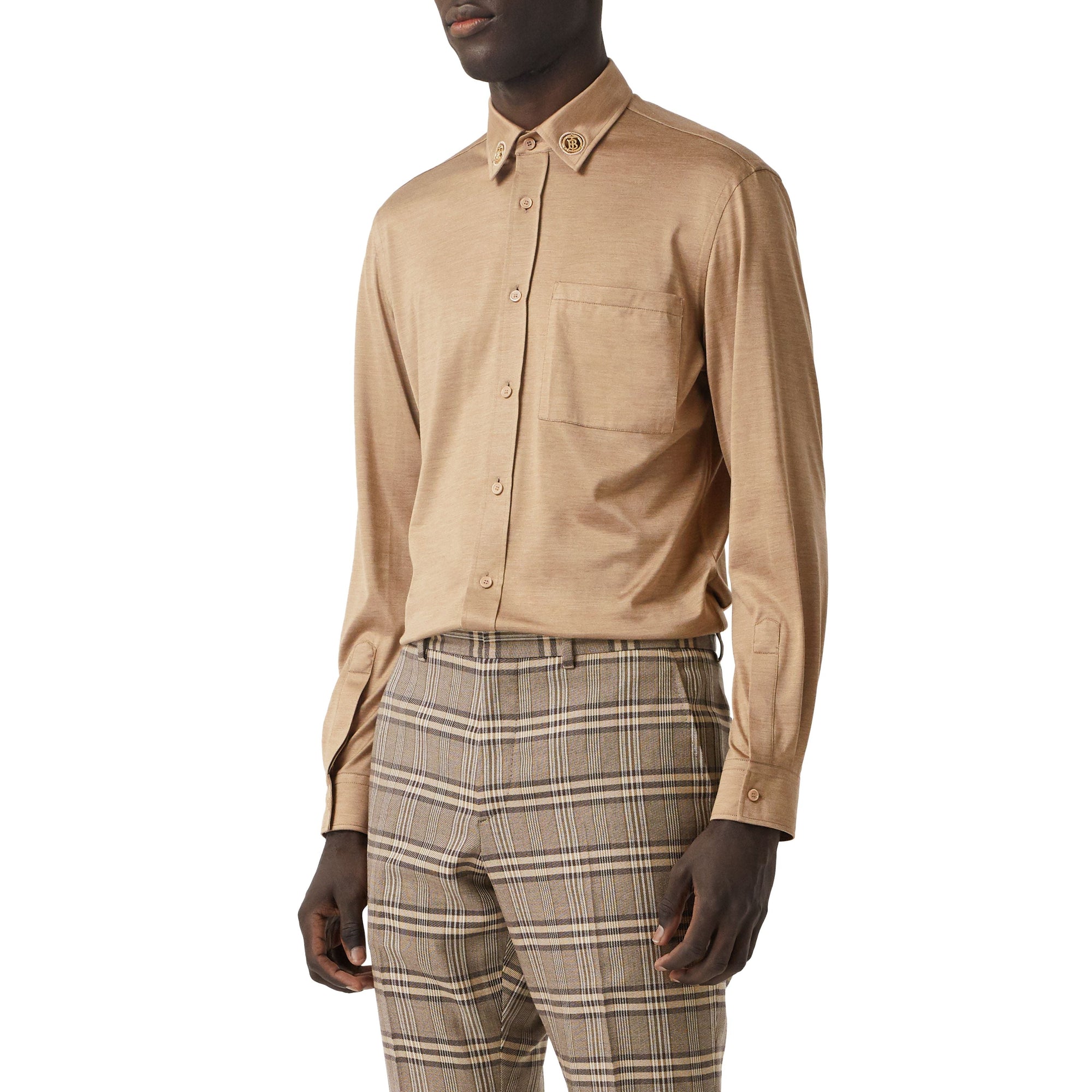 DUSTY CARAMEL CHECK Pantalon de costume en laine et soie check Prince de Galles