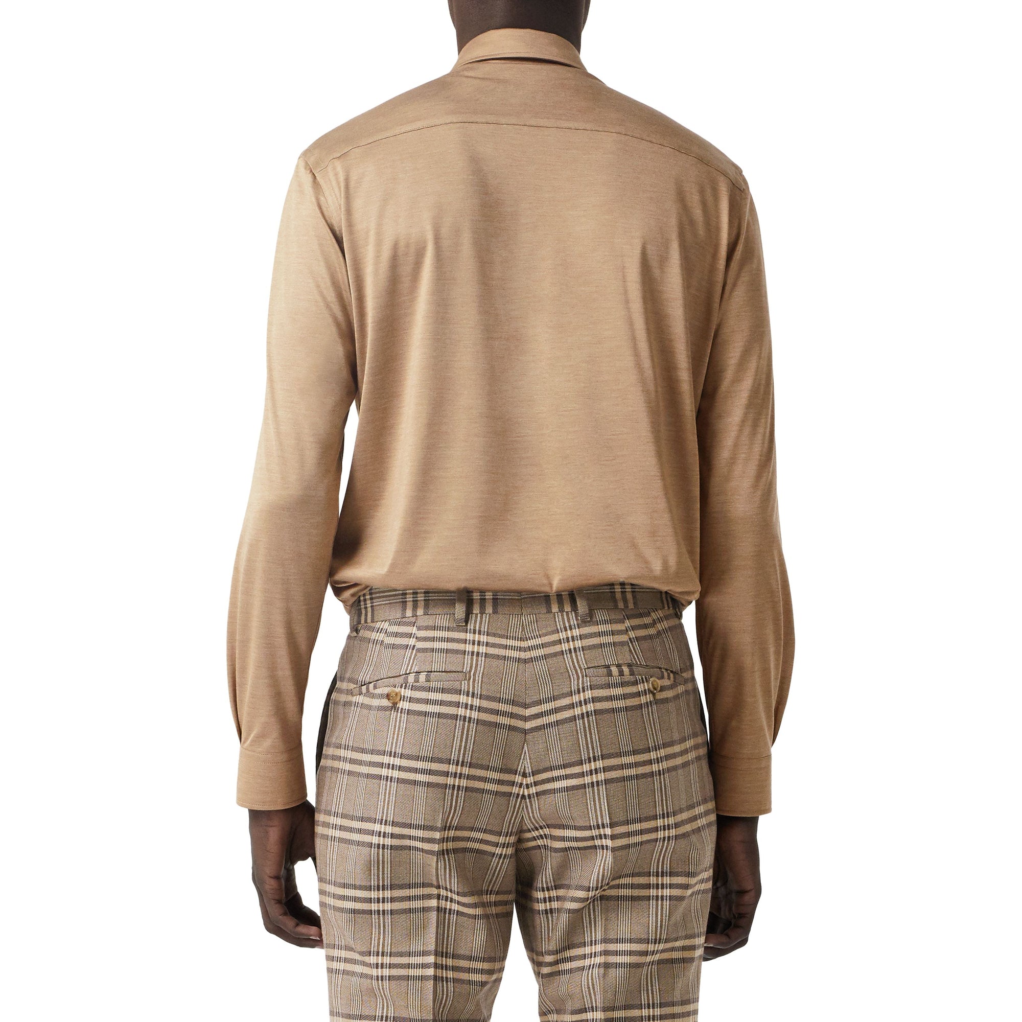 DUSTY CARAMEL CHECK Pantalon de costume en laine et soie check Prince de Galles
