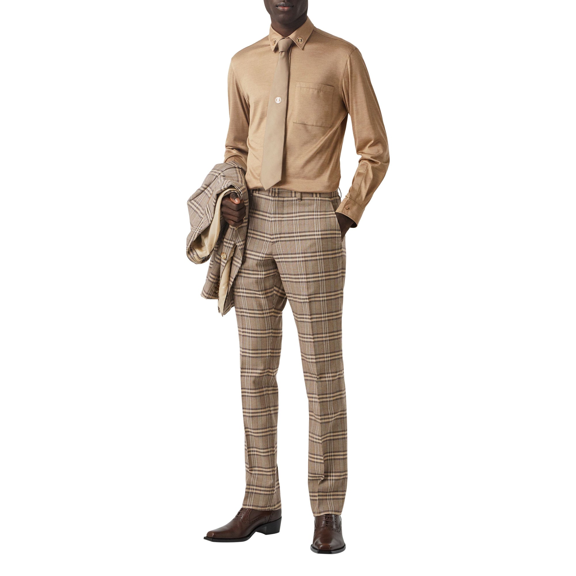 DUSTY CARAMEL CHECK Pantalon de costume en laine et soie check Prince de Galles