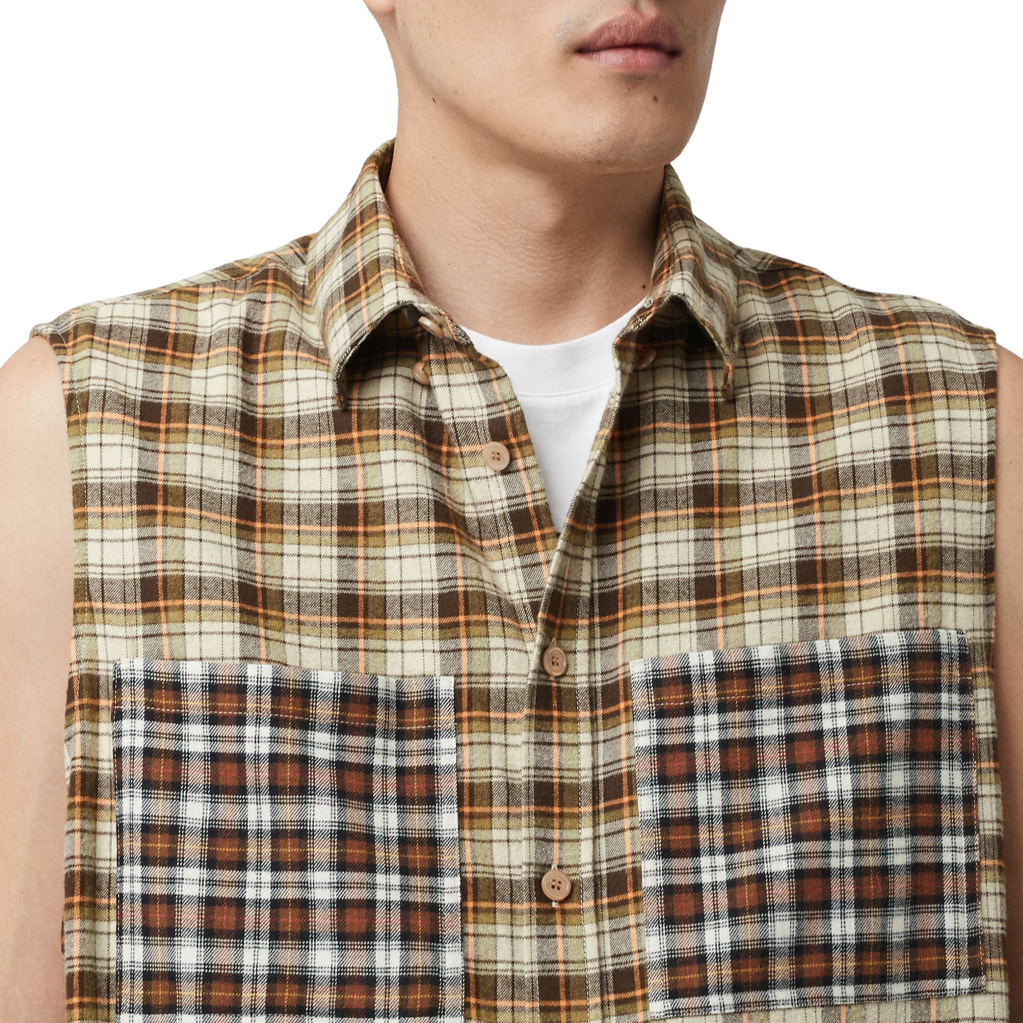 DARK OLIVE CHECK Chemise tunique sans manches en flanelle de coton check