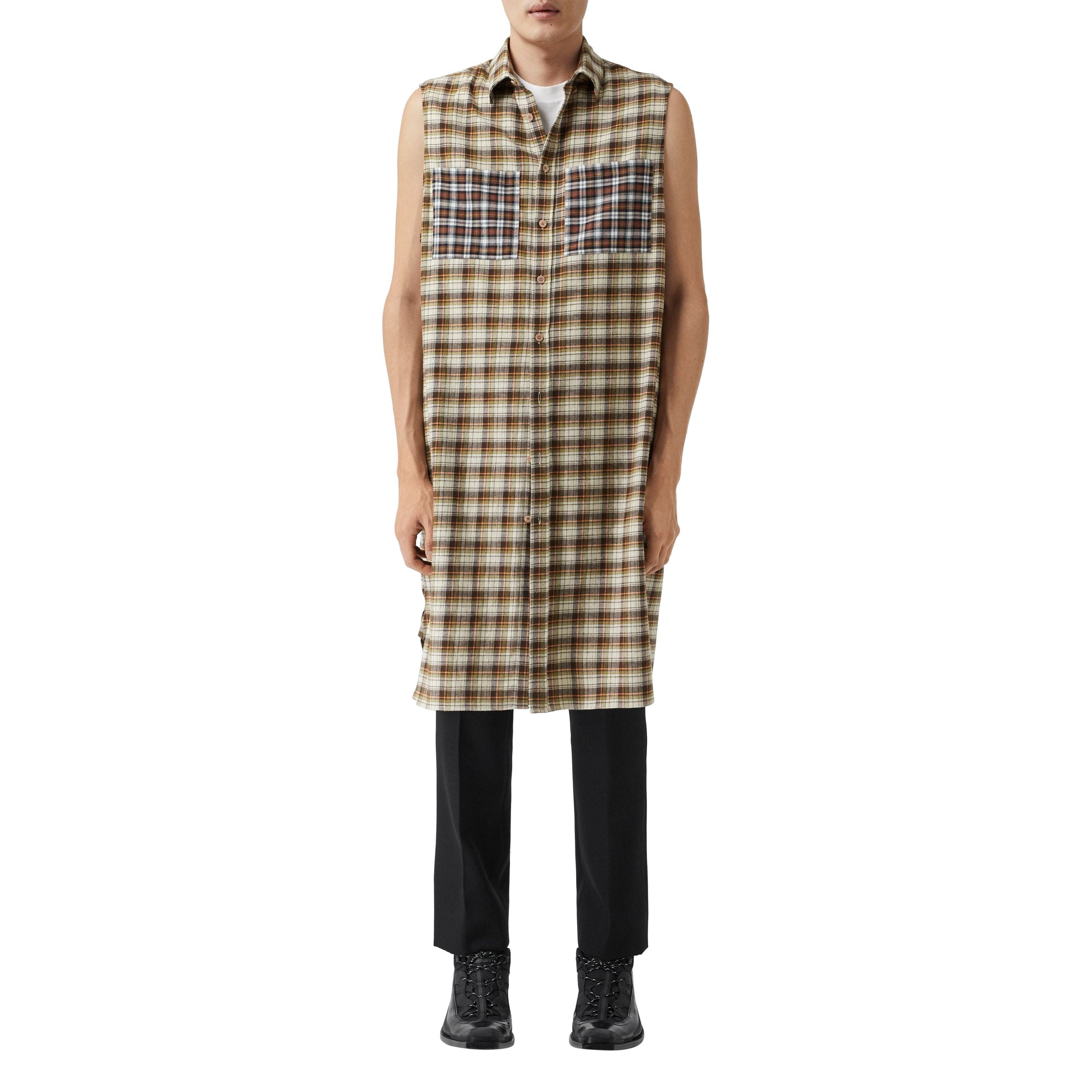 DARK OLIVE CHECK Chemise tunique sans manches en flanelle de coton check