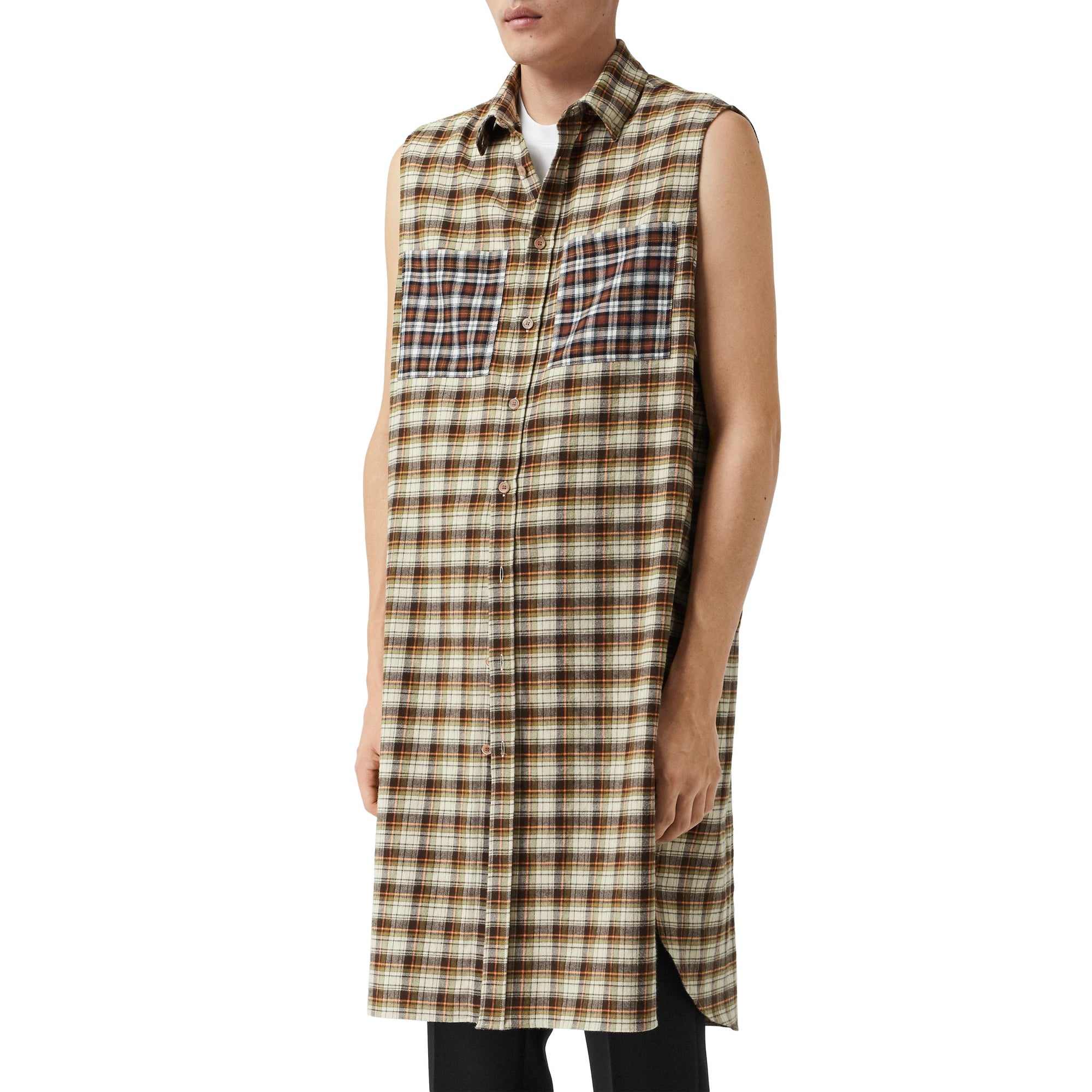 DARK OLIVE CHECK Chemise tunique sans manches en flanelle de coton check