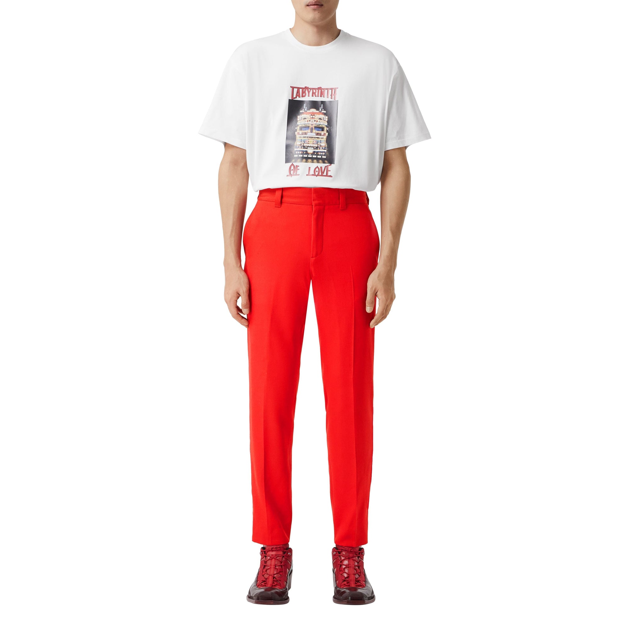 BRIGHT RED Pantalon de costume en laine à bandes latérales en cuir d'agneau