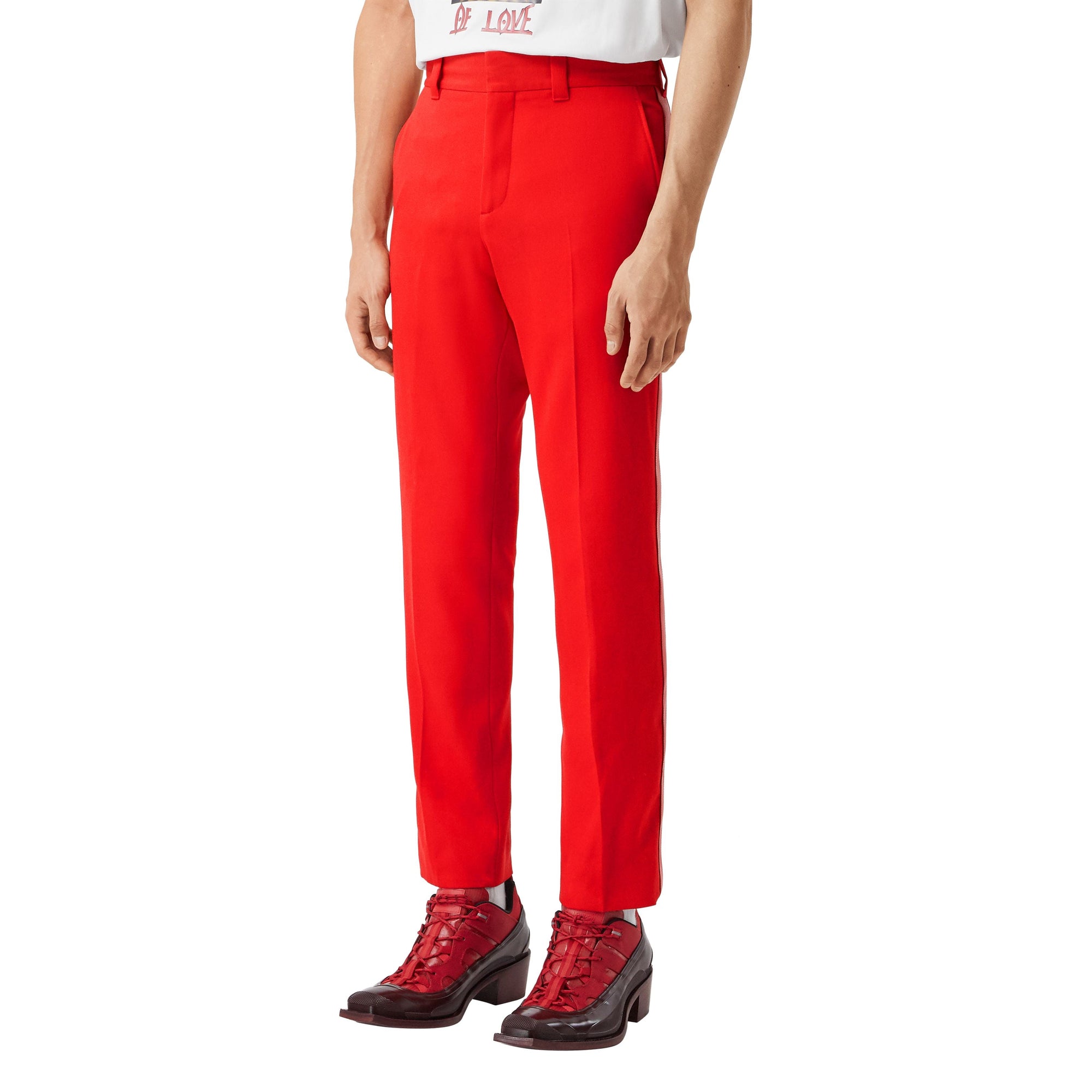 BRIGHT RED Pantalon de costume en laine à bandes latérales en cuir d'agneau