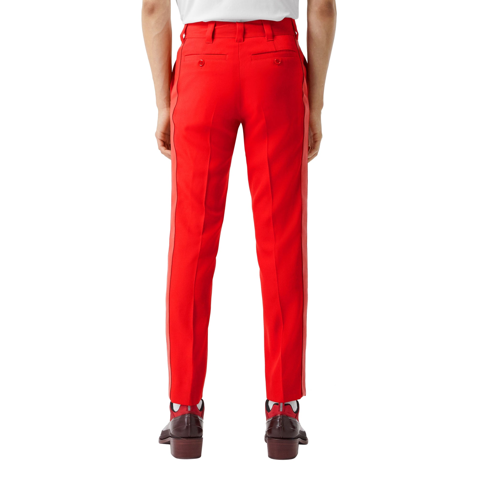 BRIGHT RED Pantalon de costume en laine à bandes latérales en cuir d'agneau