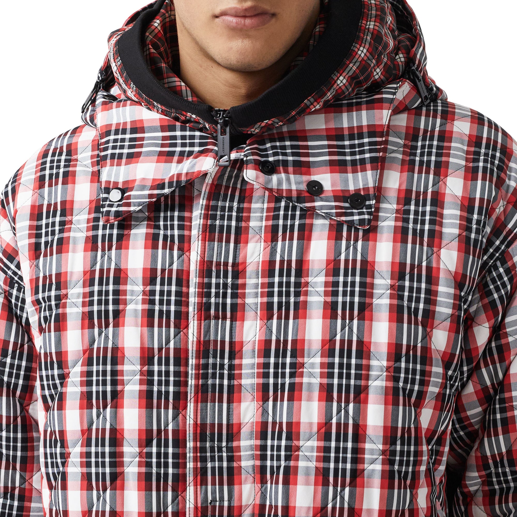 BRIGHT RED CHECK Parka matelassée en nylon check avec découpe